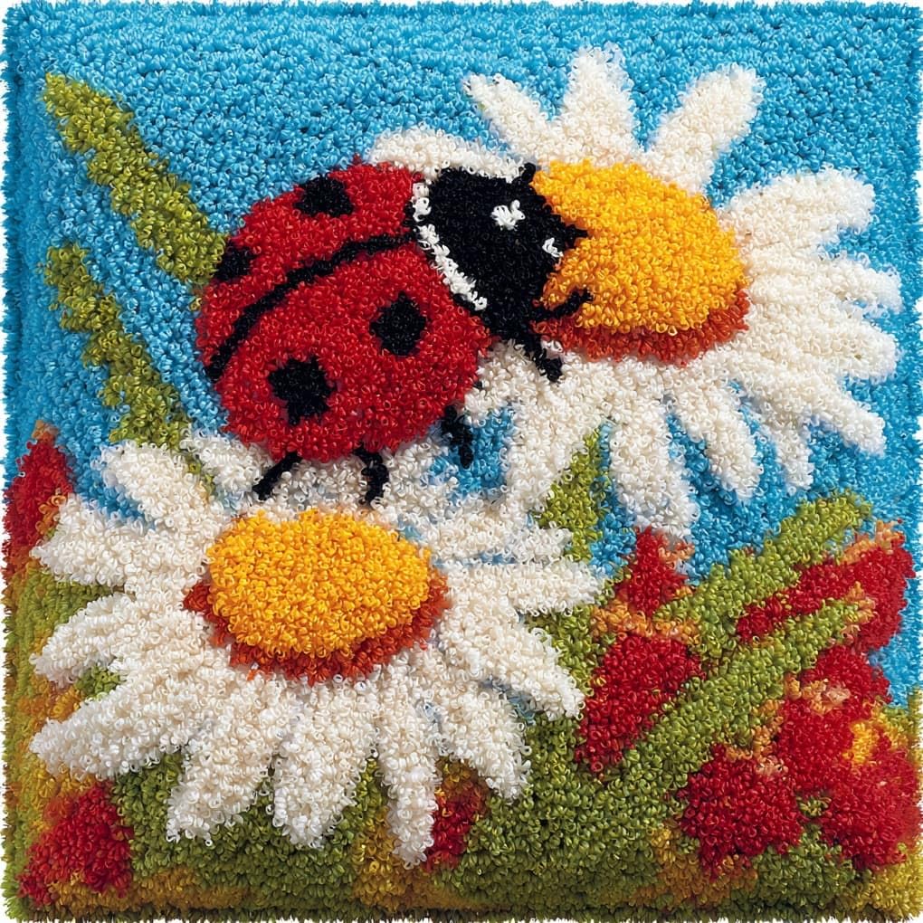 WallustrioaW Latch Hook Cushion kit 43x43cm,Ladybugs and Daisies