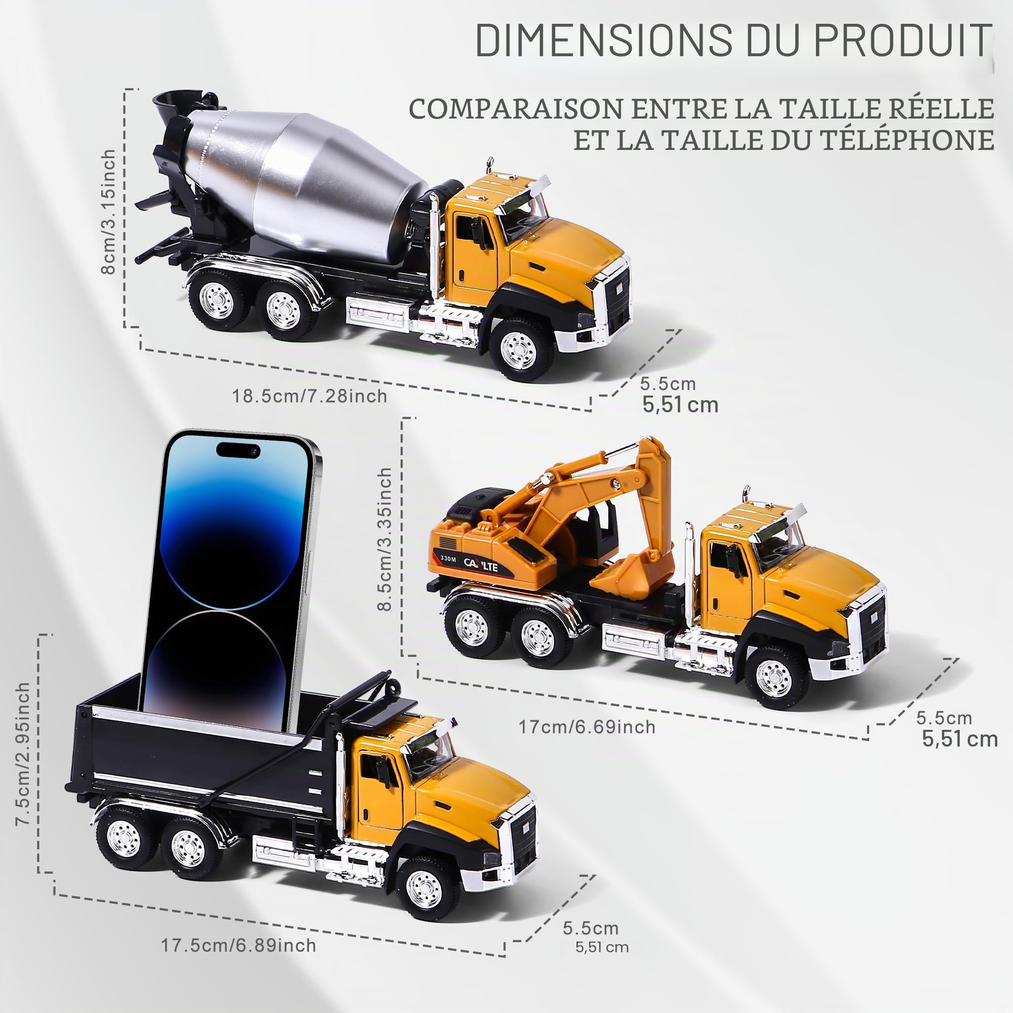 AIUAZA 1/50 Ratio Moulage sous Pression ingénierie Construction véhicule Alliage Collection Voiture modèle, Porte de garçon Ouverture Tirer en arrière Voiture Jouet (3pcs per Set)