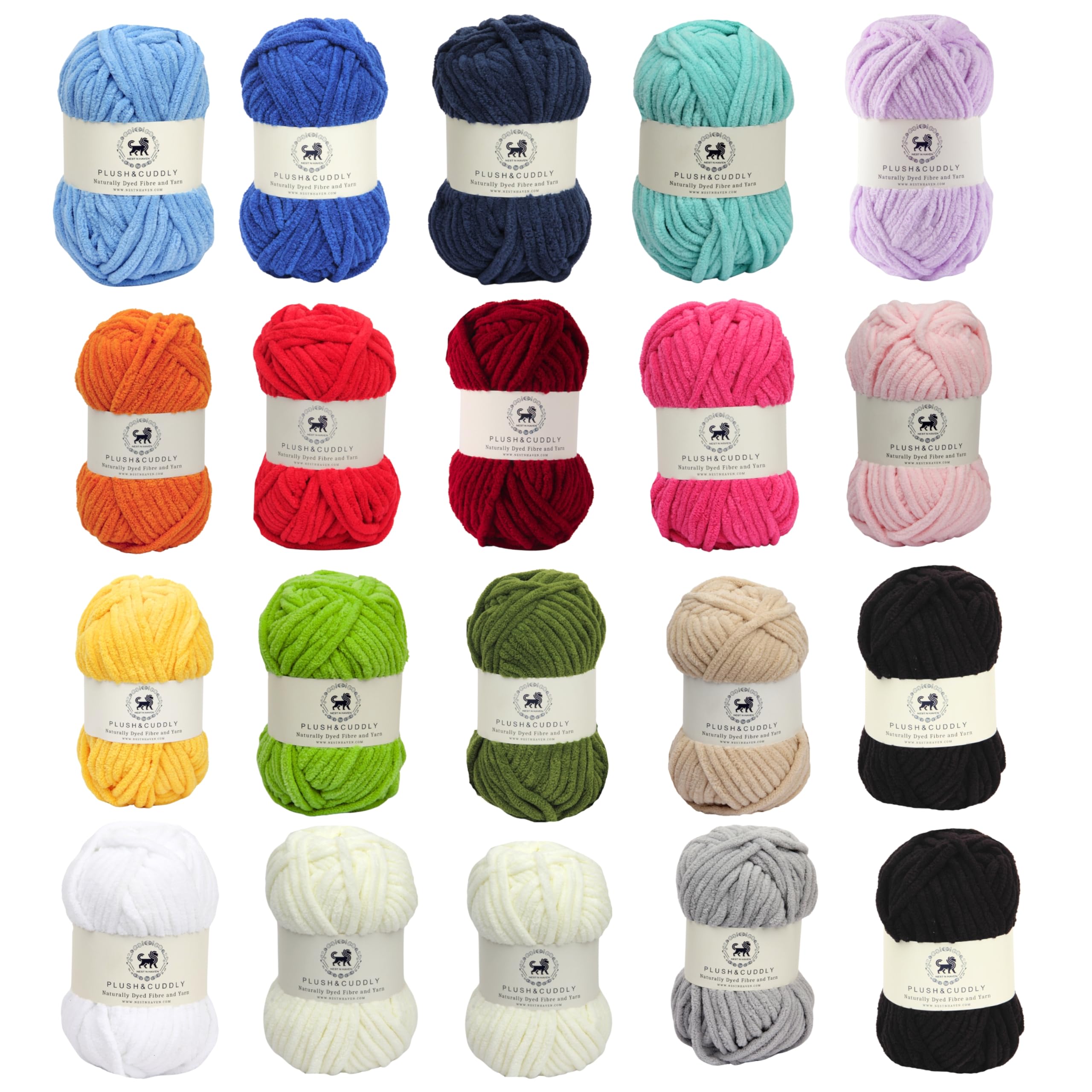 NESTNHAVEN, Plush & Cuddly yarn kit Sets , Chenille Yarn Supersoft Hand Knitting Wool Ball, set of 20, 2 kg (1 Ball/100 Gram Each) Ball Suitable for Craft, Babywear, Toys , Baby Blankets, 5 Bulky, Shades - NNHS ( off- white , black ,blue , dark blue ,denim blue , lilac , orange, cranberry , hot pink,baby pink , sunflower yellow, green , military green , beige ,white ,grey )