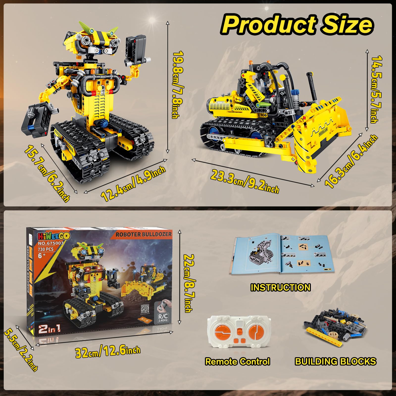 HiWEEGO Technik Ferngesteuert Roboter für Kinder - 730 Teiles 2-in-1 APP Fernbedienung Bausatz RC Robot Bulldozer Technic Programmierbare Bauspielzeug Wiederaufladbar Geschenk für Jungen Mädchen 8-12
