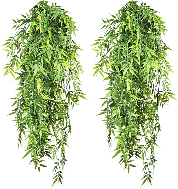 4 Pack /11 FT Artificial Hanging Plants Outdoor/ Indoor Fake Green Leaves Plant Plastic Faux Bamboo Leaves Potted Weeping Drooping Plants Greenery Vines for Home Garden Wall Aesthetic Decorations