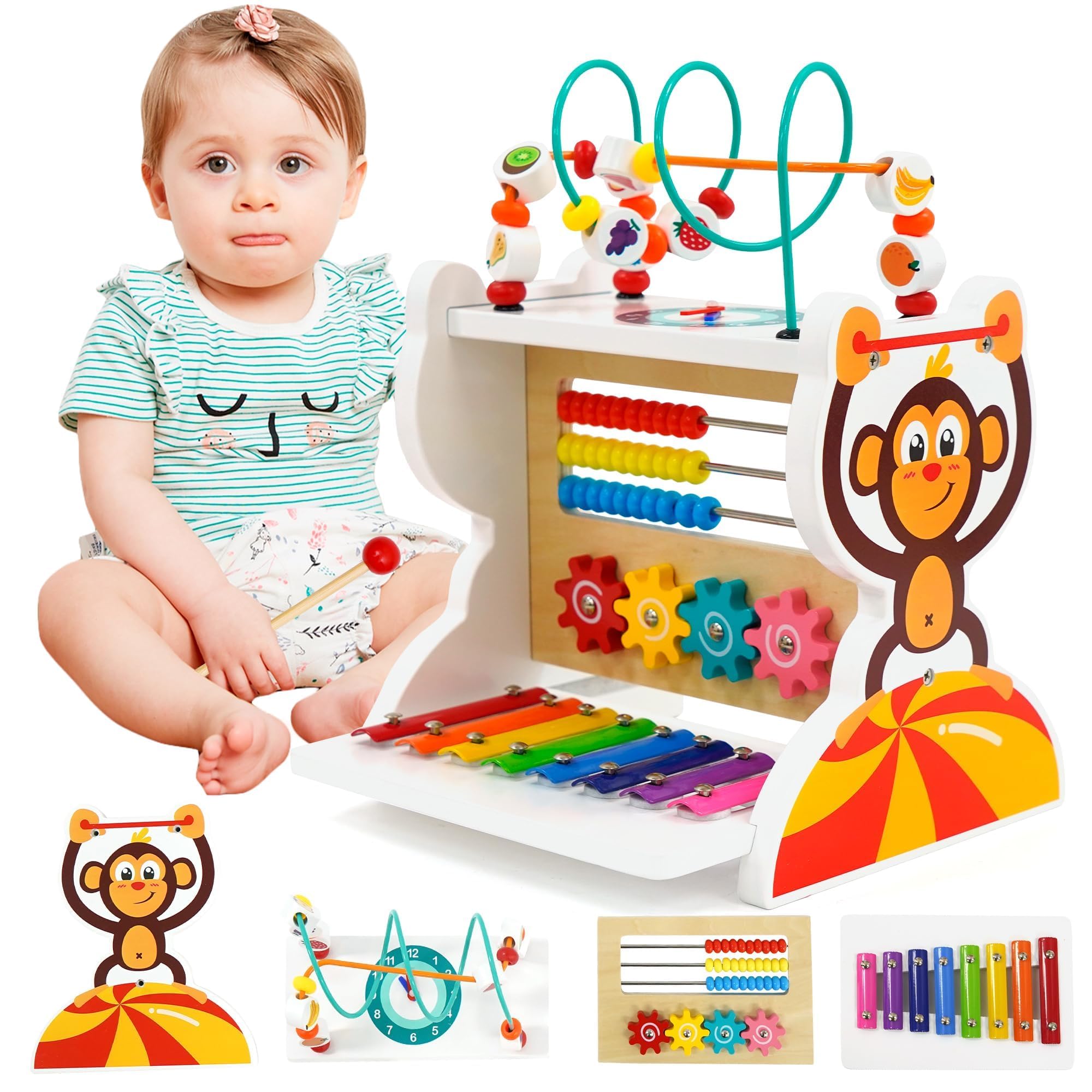Cube d’Activités en Bois 5-en-1, Labyrinthe de Perles, Engrenanges, Horloge, Montessori bébé Jouet Cadeau pour Enfants de 3 Ans+