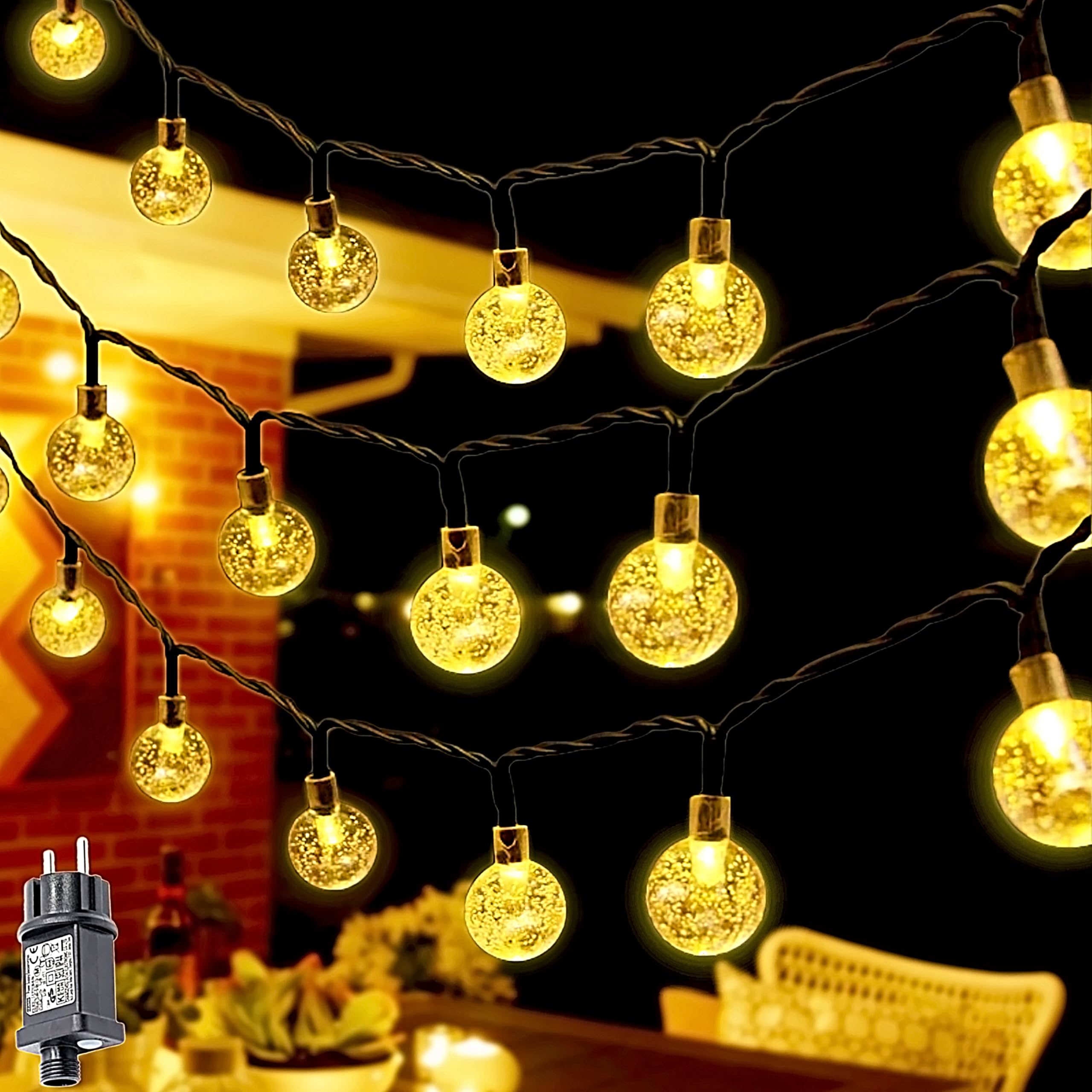 MOLVCE Lichterkette Außen Strom 20M 200led, Lichterkette Kristall Kugel Außen Wasserdicht mit Stecker, 8 Modi und Timer für Innen Außen, Balkon, Garten, Bäume, Hochzeit, Weihnachten, Warmweiß