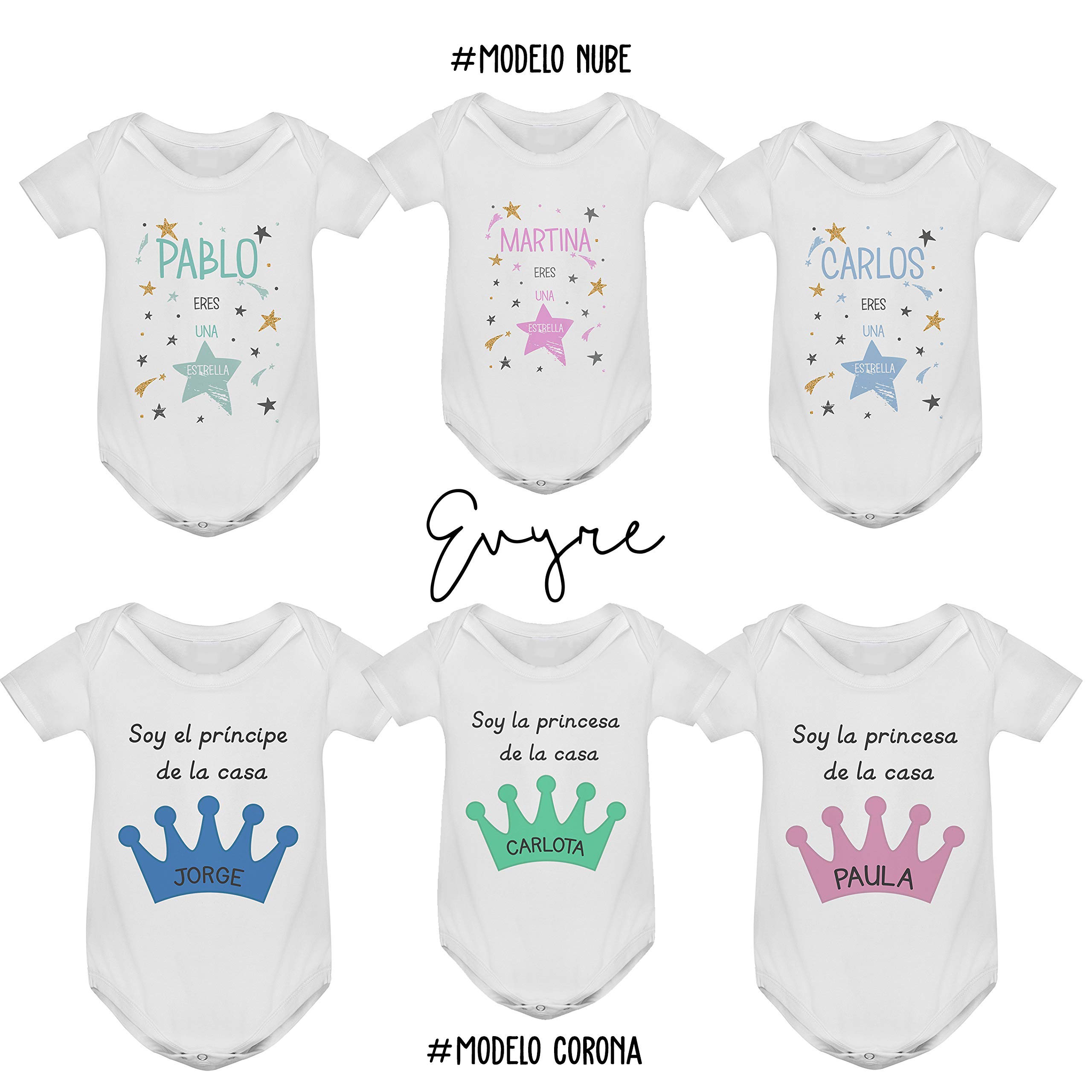 Canastilla bebé personalizada con placa decorativa, funda cojín, body y babero. Regalo original para un recién nacido niño y niña/Pack Corona o Nube