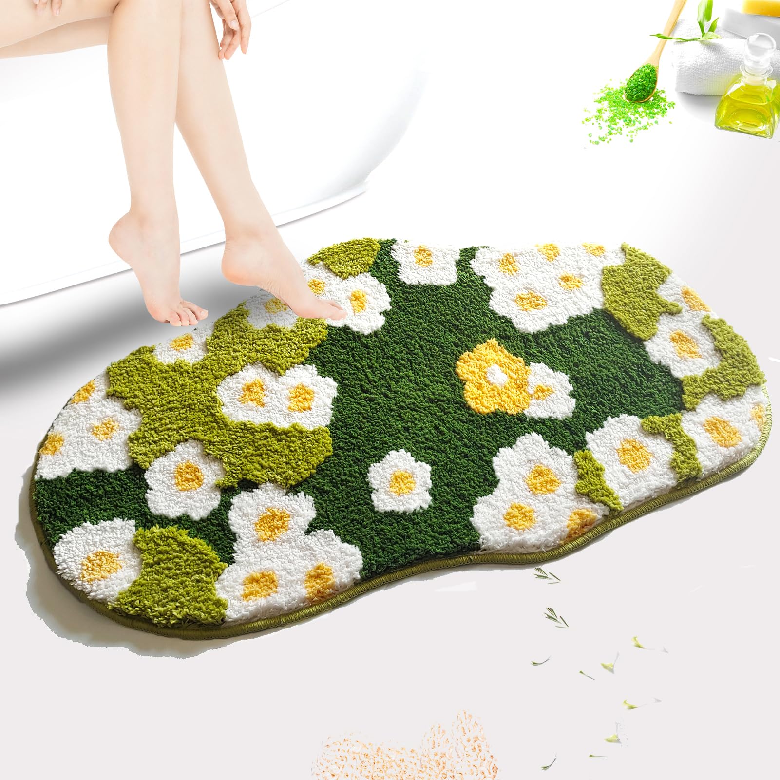 Yhoelata Moss Floral Bath Mat, Cute Plant Toilet Rug, Summer Flower Bathroom Rugs, Green Aesthetic Shag Decor Rug, Soft Absorbent Non Slip Bathroom Mat for Wash Sink Bathtub Shower, 24