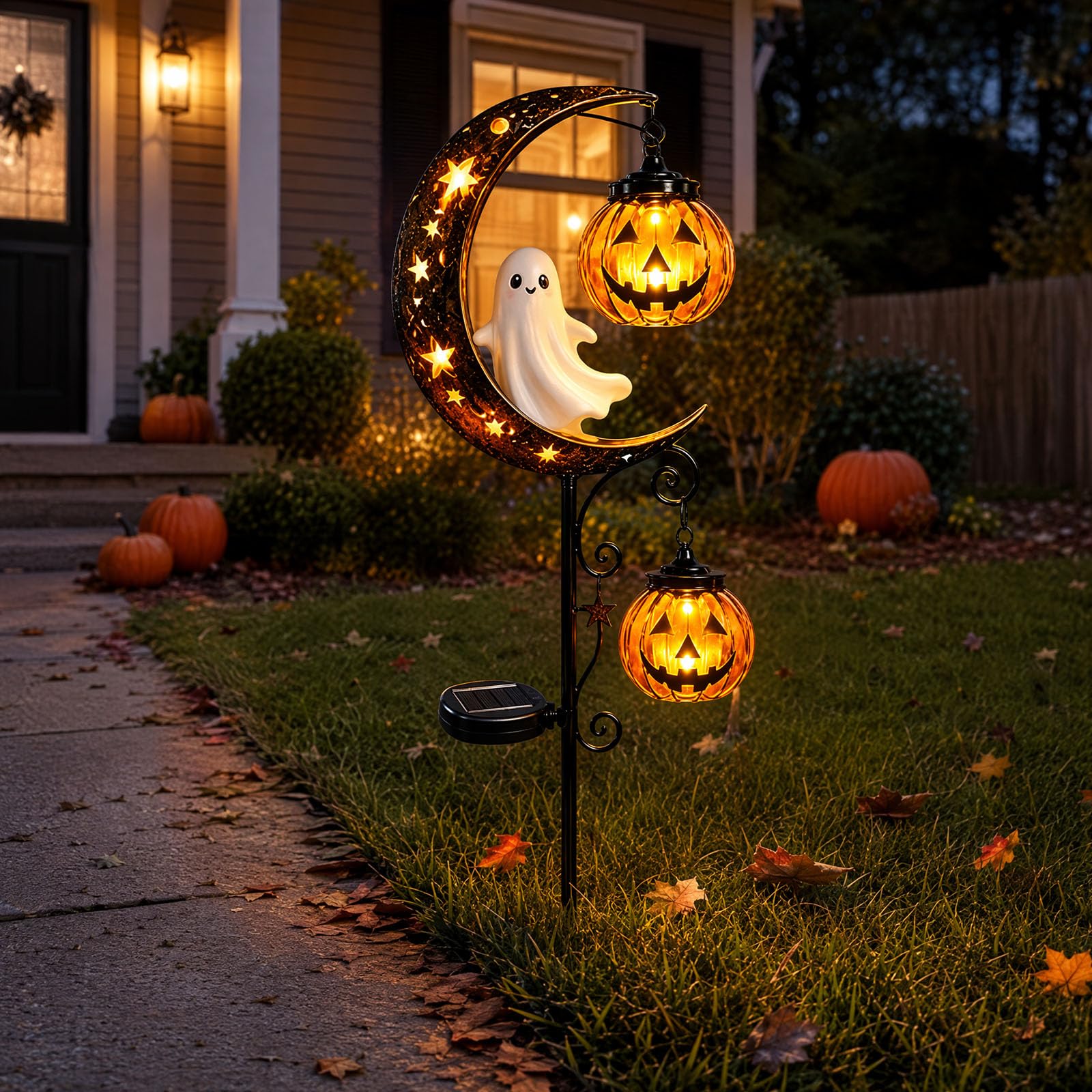 Solar Halloween Ghost & Pumpkin Moon Garden Stake Light