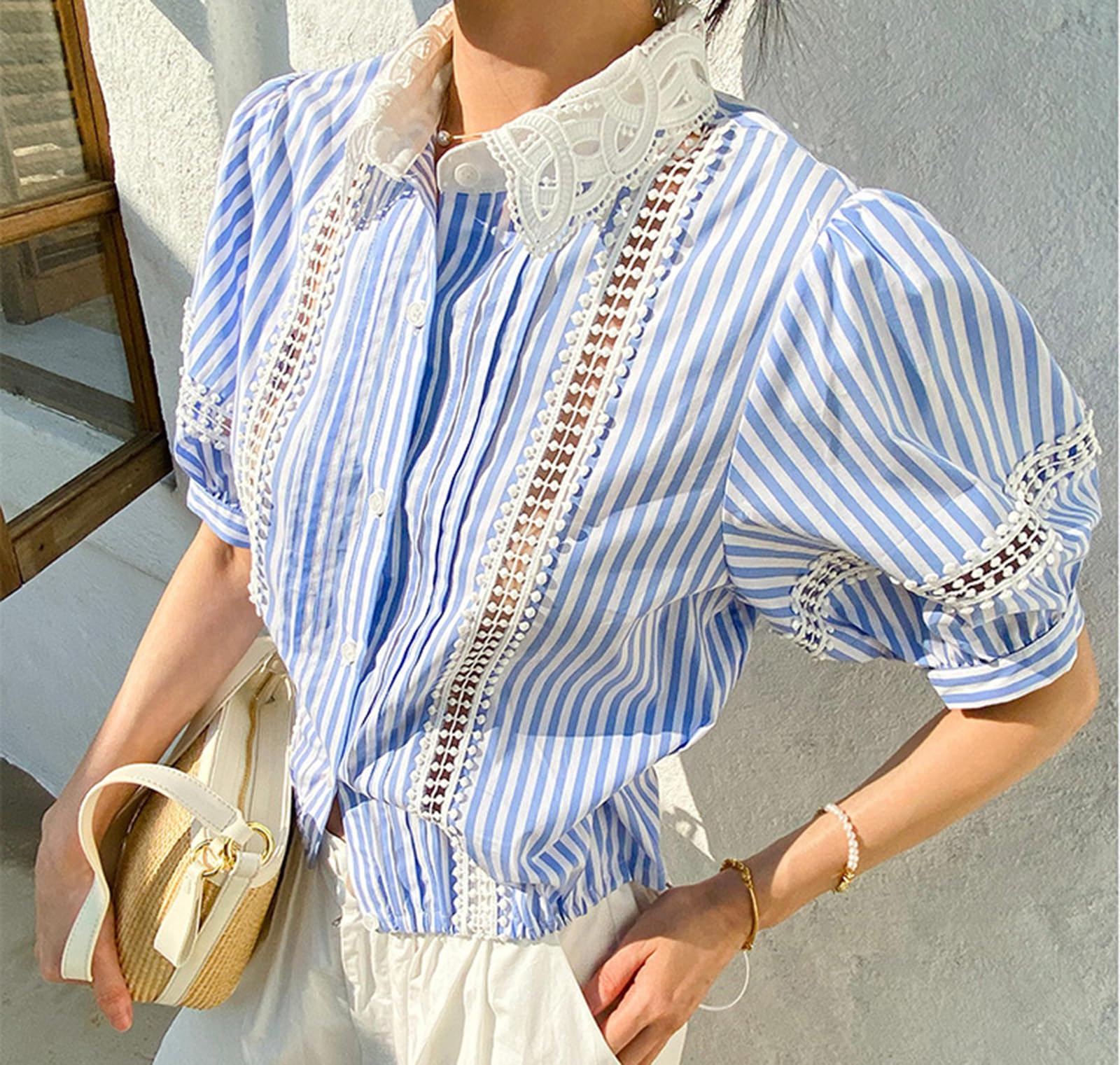 Top Estivi Da Donna Camicie Casual Formali Camicie A Righe Con Bottoni Maniche A Sbuffo Camicia Babydoll Carina Alla Moda