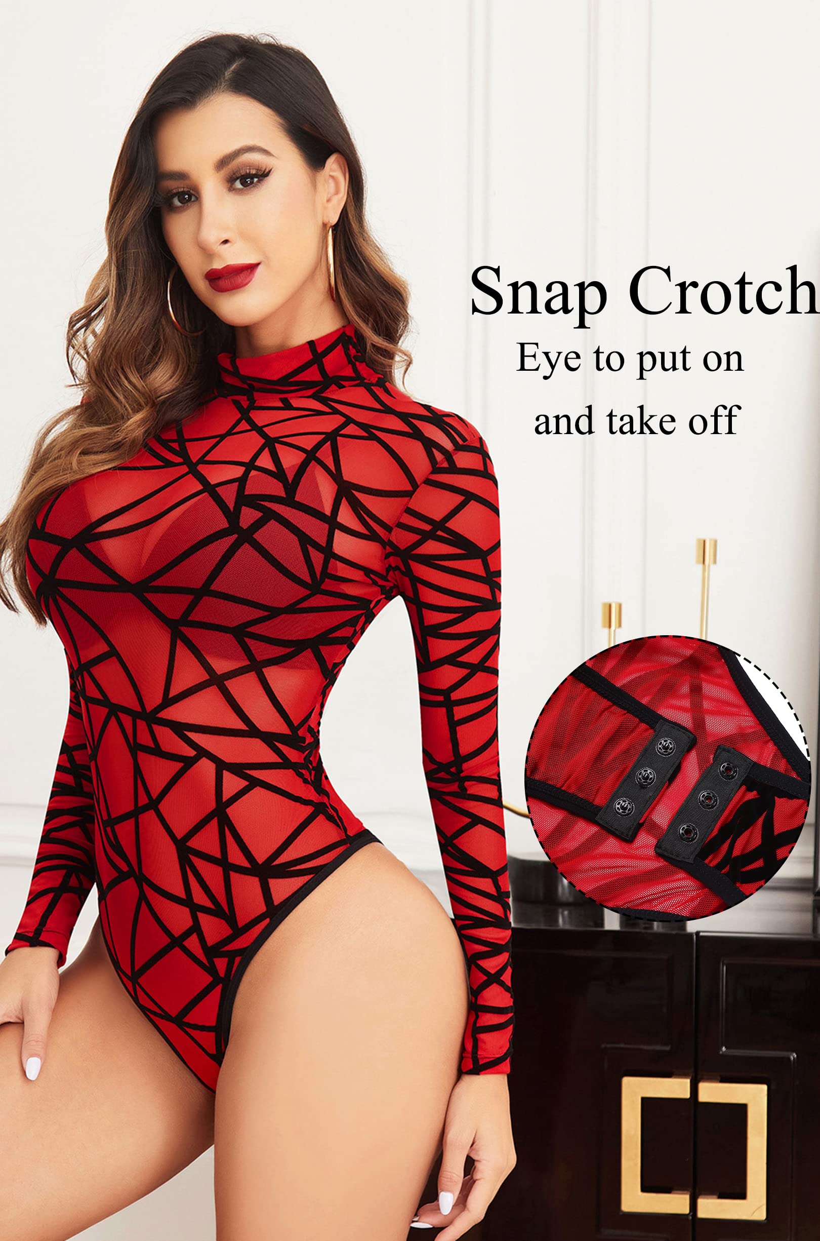 Avidlove Long Sleeve Bodysuit for Women Turtleneck Sheer Mesh Bodysuit Geo Print Leotards