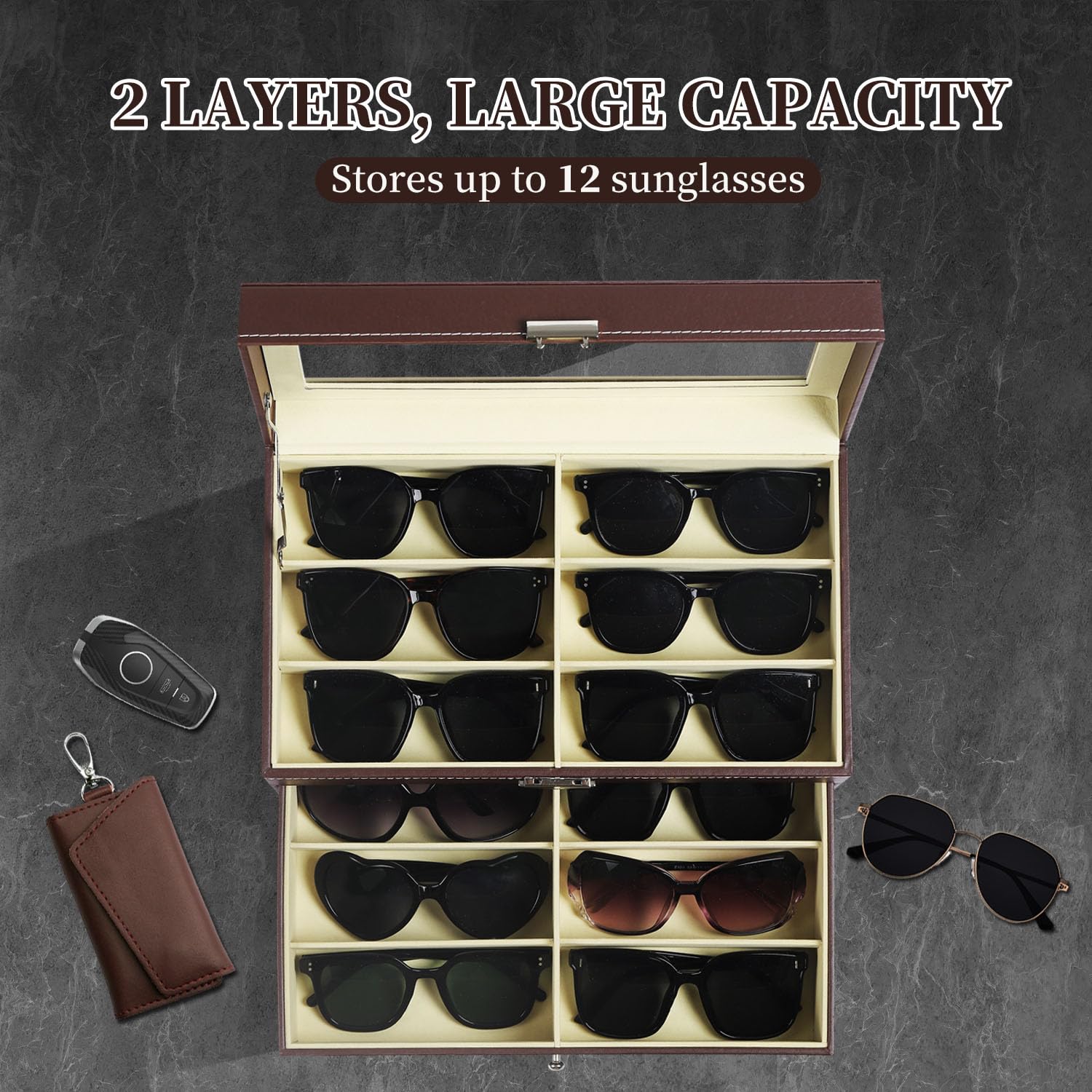 AUTOARK Boîte de Rangement en Cuir avec tiroir,pour 12 Lunettes de Soleil,Verrouillable,avec Dessus en Verre,Brun,AW-129