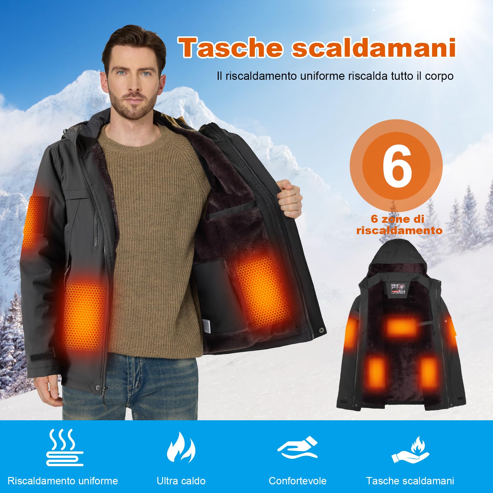 Graphene Giacca Riscaldata Uomo ad Interno in Fleece, Batteria HD 20000mAh 7.4V, 6 Zone Riscaldanti e 3 Temperature, Giacca Impermeabile Antivento per Sci e Caccia