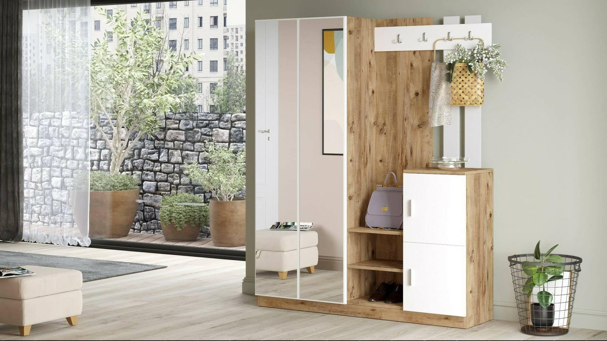 Dmora Mobile da Ingresso Borealis, Entratina Appendiabiti, Composizione per atrio, Consolle portaoggetti Multifunzione, 147x38h180 cm, Quercia e Bianco