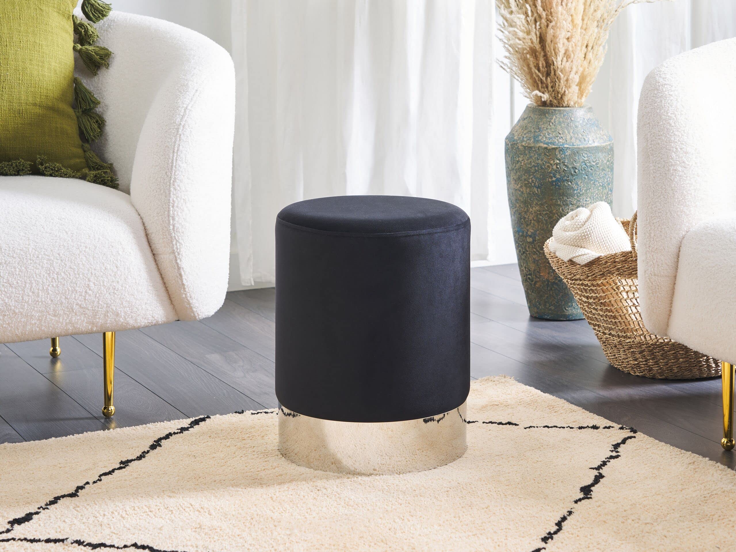 Beliani Pouf rund Samt schwarz Metall Silber Samthocker Sitzhocker Glamour Look Brigitte
