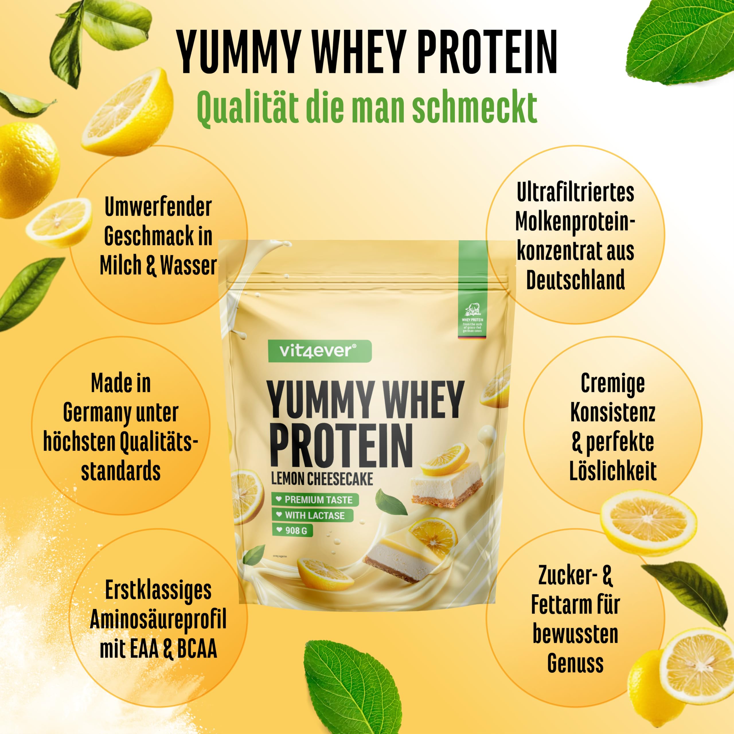 vit4ever Yummy Whey Proteinpulver - 908g - Lemon Cheesecake