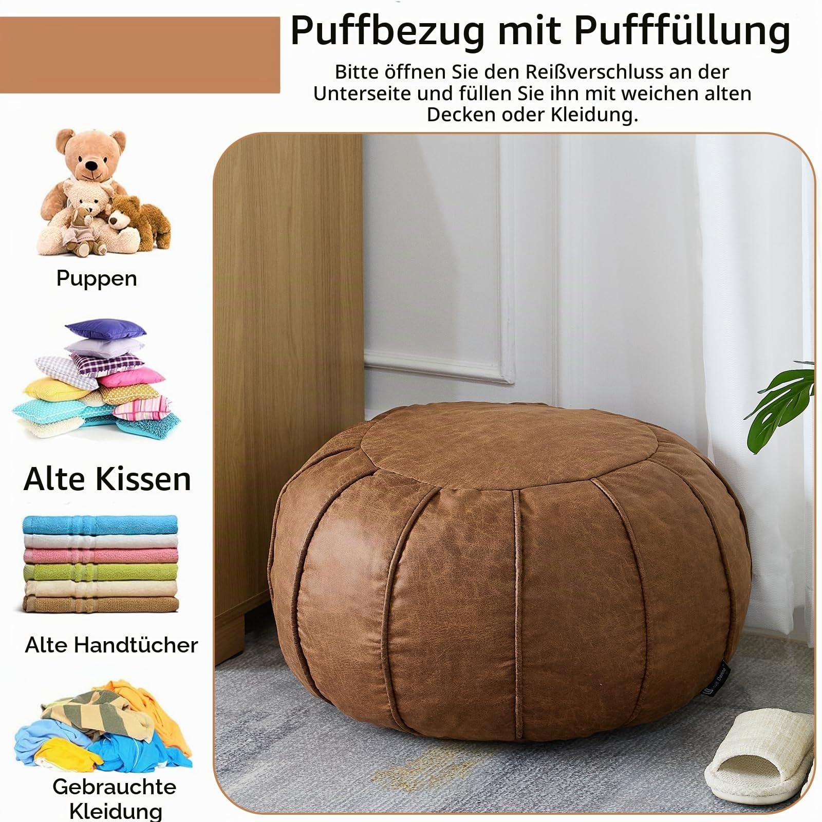 Louis Donné Ungefüllter runder Pouf Bezug, Supersoft handgefertigter Ottoman aus Kunstleder, Sitzpouf mit Aufbewahrung, Fußhocker und Fußstütze für Wohnzimmer, Balkon, Büro und Indoor (Braun)