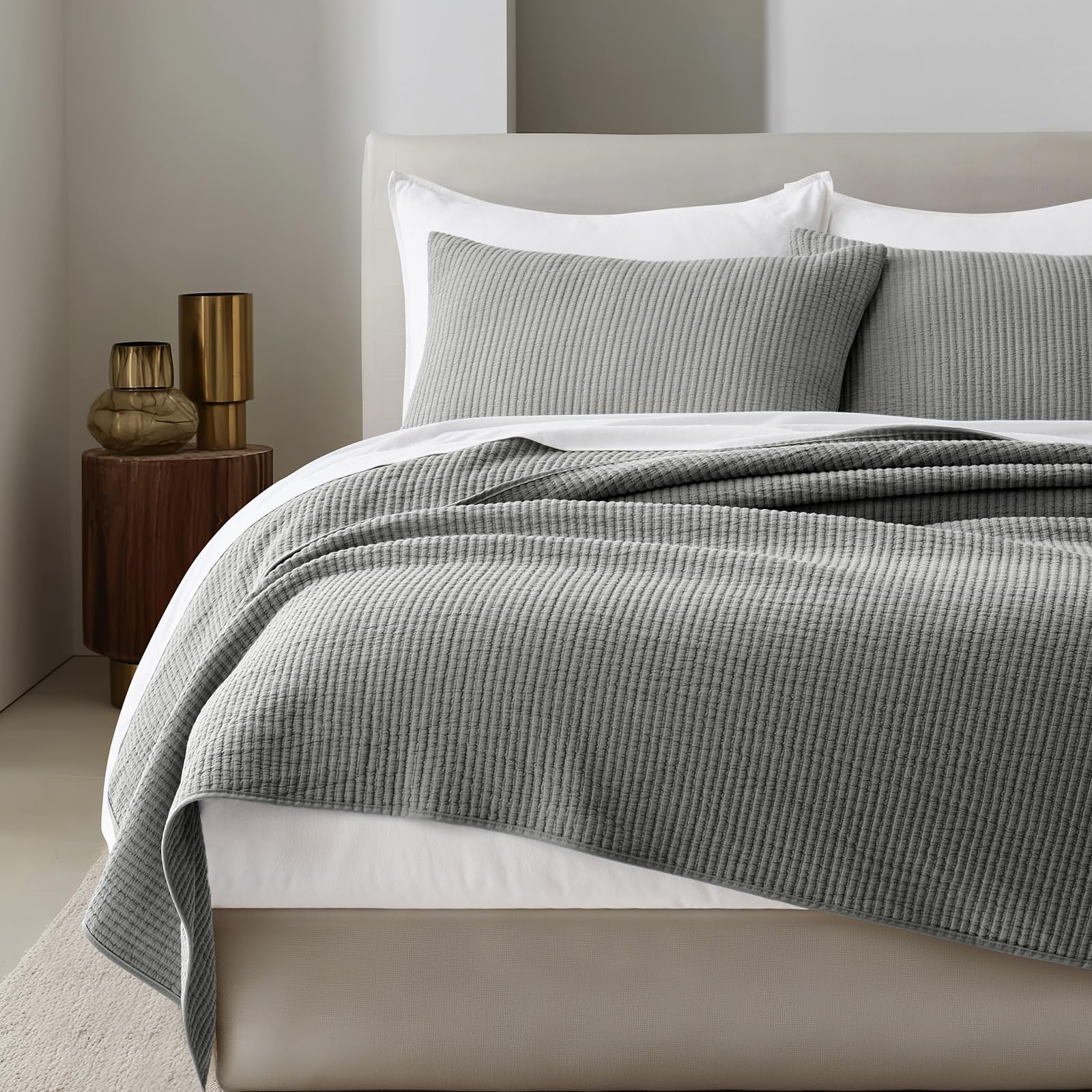 EVERGRACEHOME Cotton Coverlet Set Full Queen Size 3 Pieces, Lightweight Soft Ribbed Matelassé Bedspread Quilt Set, Cozy Oversized Quilted Bedding Set with 2 Pillow Shams for All Seasons, Fog Gray