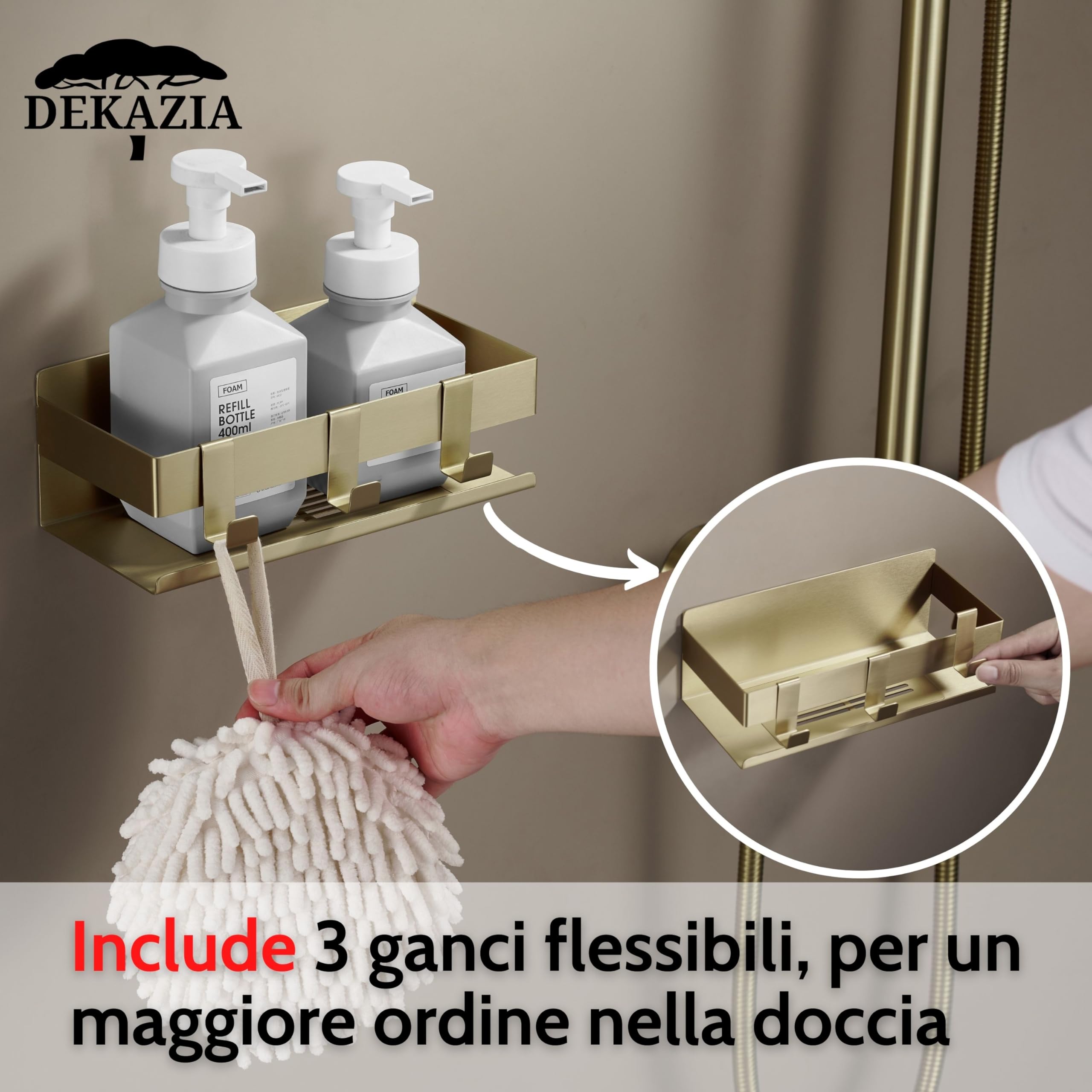 DEKAZIA® Mensola Doccia Oro Senza Forare, Porta Sapone Portaoggetti Bagno | portashampoo, mensole dorate, adesiva, accessori, acciaio inox, ripiano