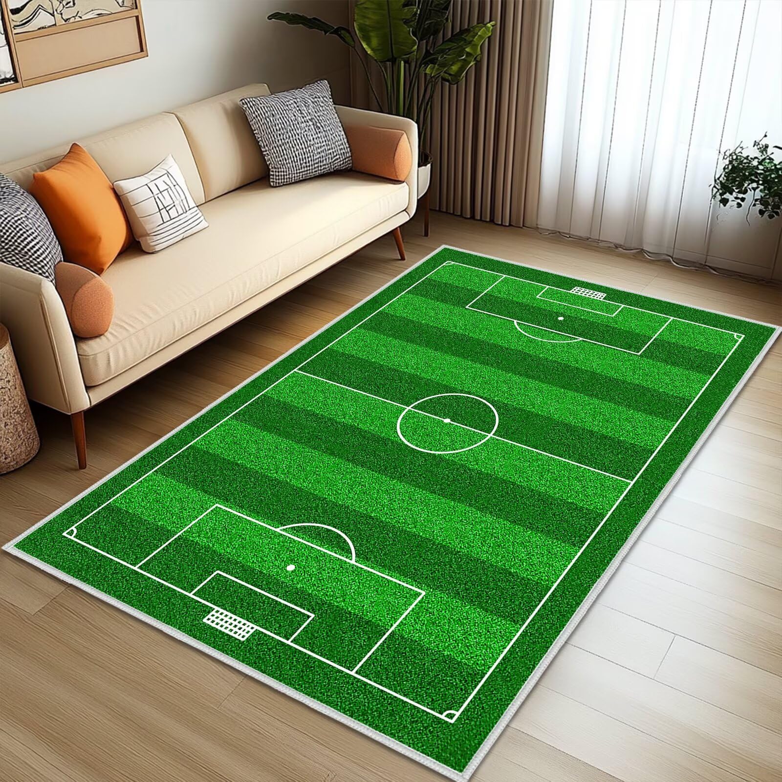 Green Area Rug 4x6,Soccer Field Rug for Boys Bedroom,Sport Theme Floor Mat Non-Slip Indoor Entrance Door Mat Washable Floor Carpets Soccer Throw Rugs Sports Area Carpet for Kids Playroom,Living Room