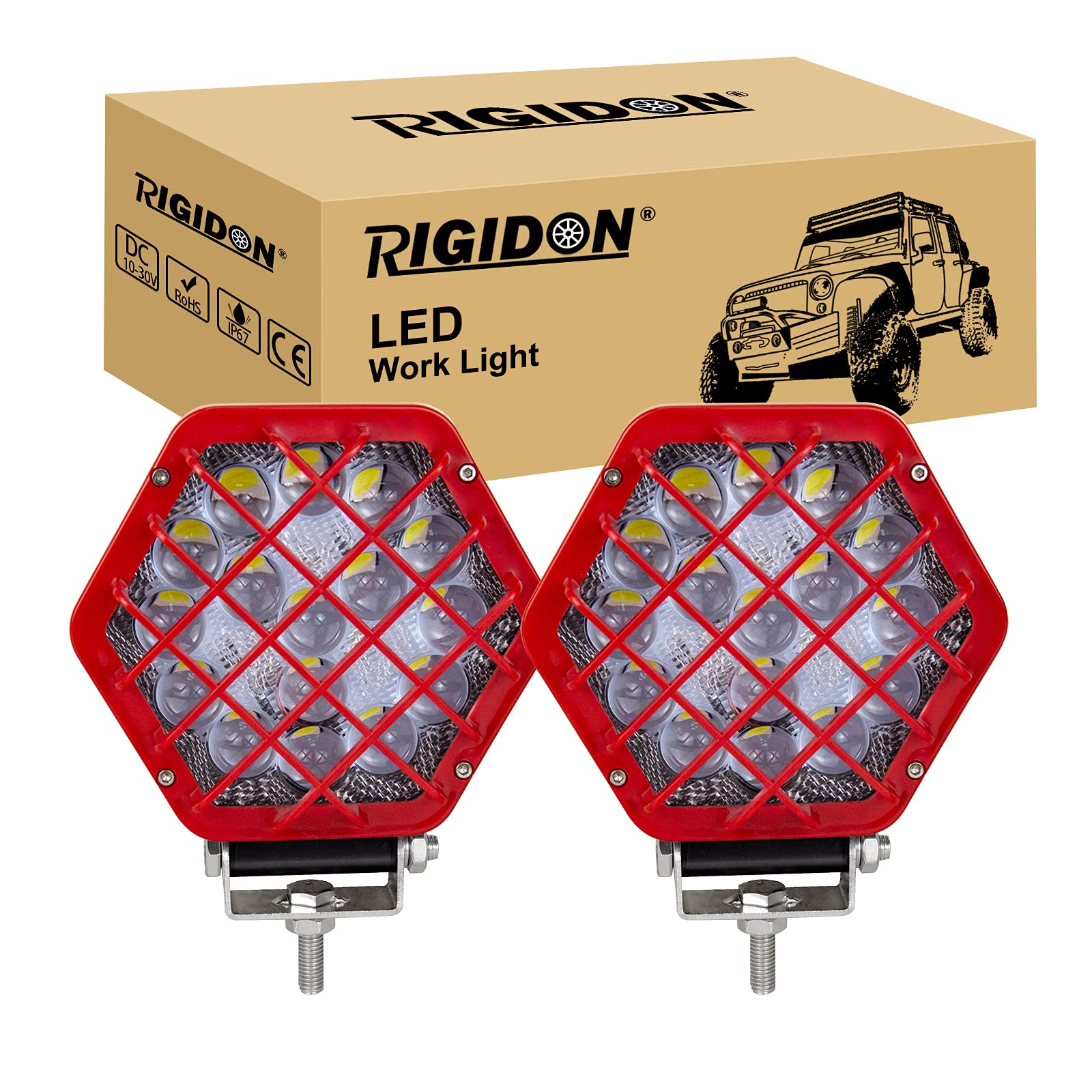 RIGIDON 2 szt. 12 cm 48 W kwadratowe czerwone światło robocze LED, wodoodporna wiązka punktowa 5D, 12 V 24 V lampa do samochodu terenowego łodzi ciężarówki 4 x 4 SUV ATV traktory koparka, 6000 K białe reflektory przeciwmgielne lampa