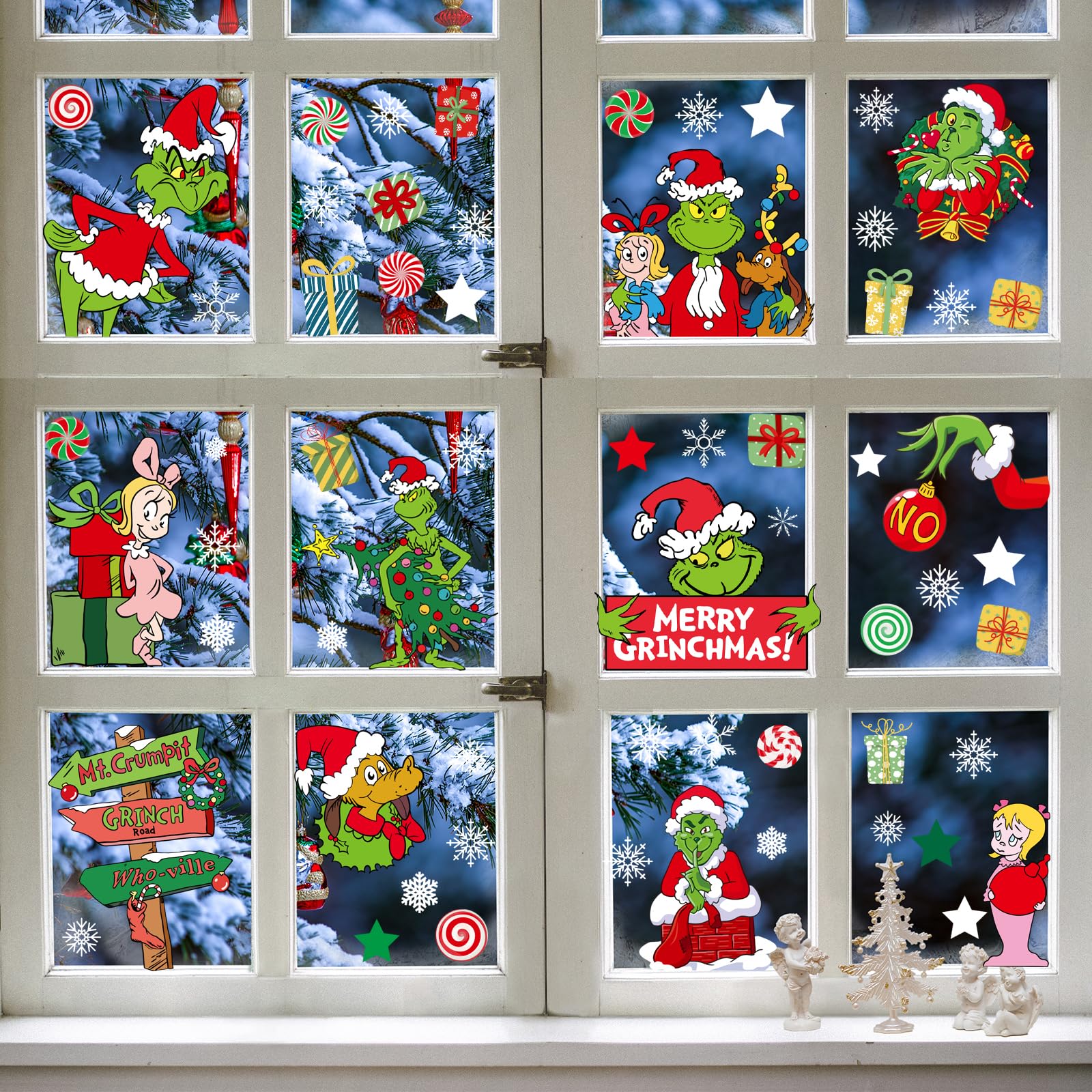 RICEDUO 9 Blatt Fensterbilder Weihnachten, Doppelseitig Weihnachtselfen Fenstersticker, Wiederverwendbar Fensterdeko Weihnachten mit Schneeflocke Abziehbilder für Weihnachten Deko