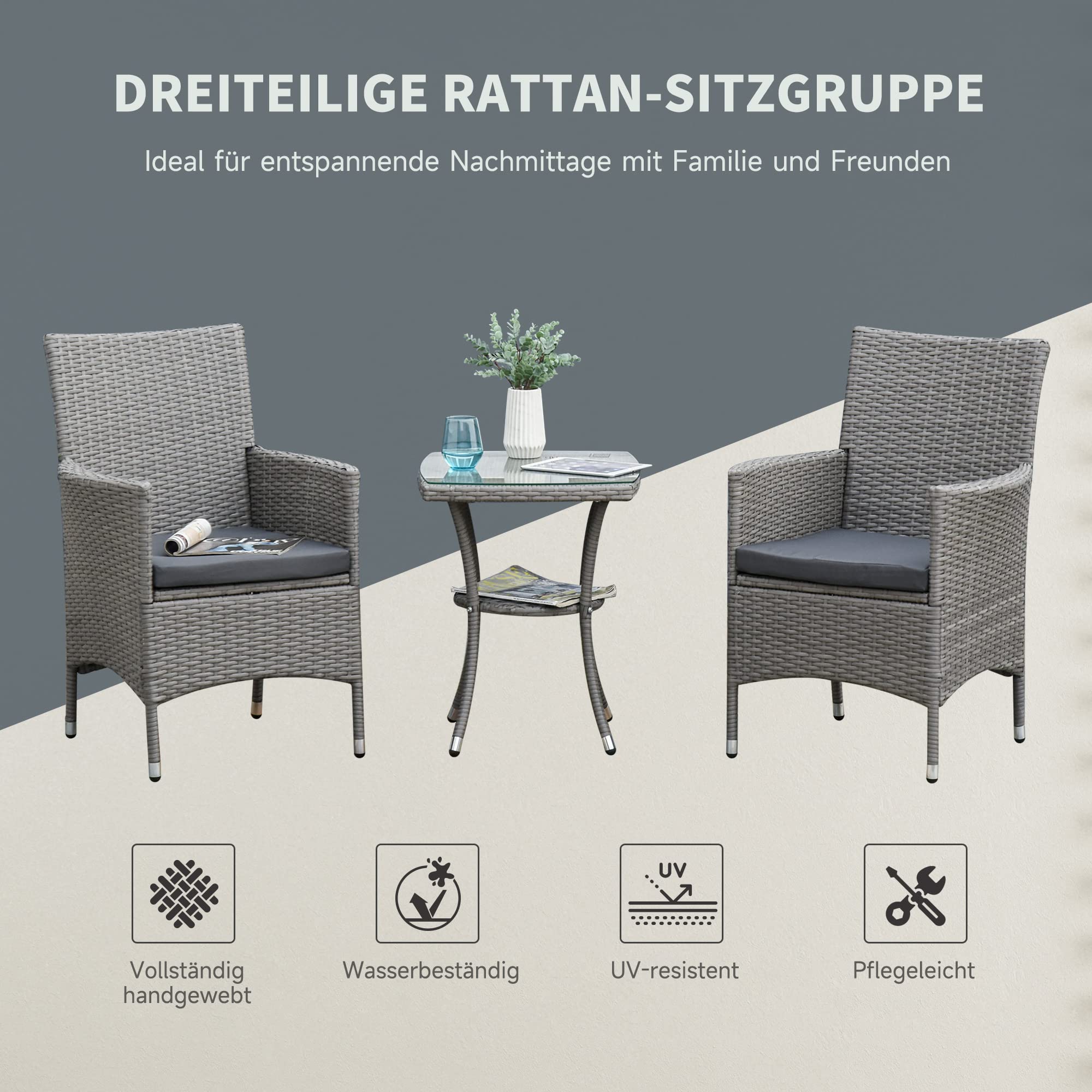 Outsunny Polyrattan Gartenmöbel Set Balkonmöbel für 2 Personen Grau