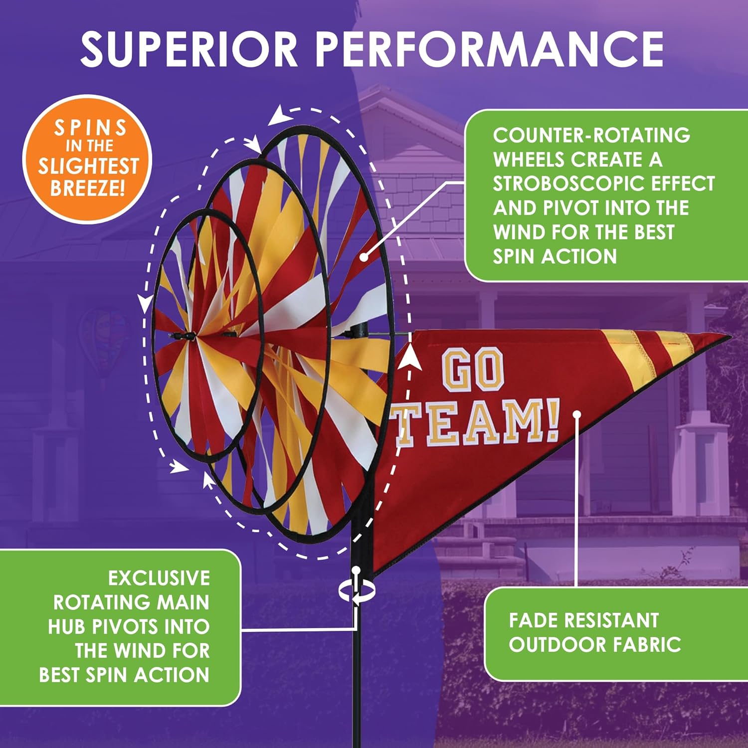 Premier Kites Triple Spinner Maroon/Yellow – Eye-Catching Garden Spinner with Colorful Triple Wheels, Durable Weather-Resistant Fabric, Easy Assembly, Outdoor Décor for Patios, Lawns, & Game Day Fun