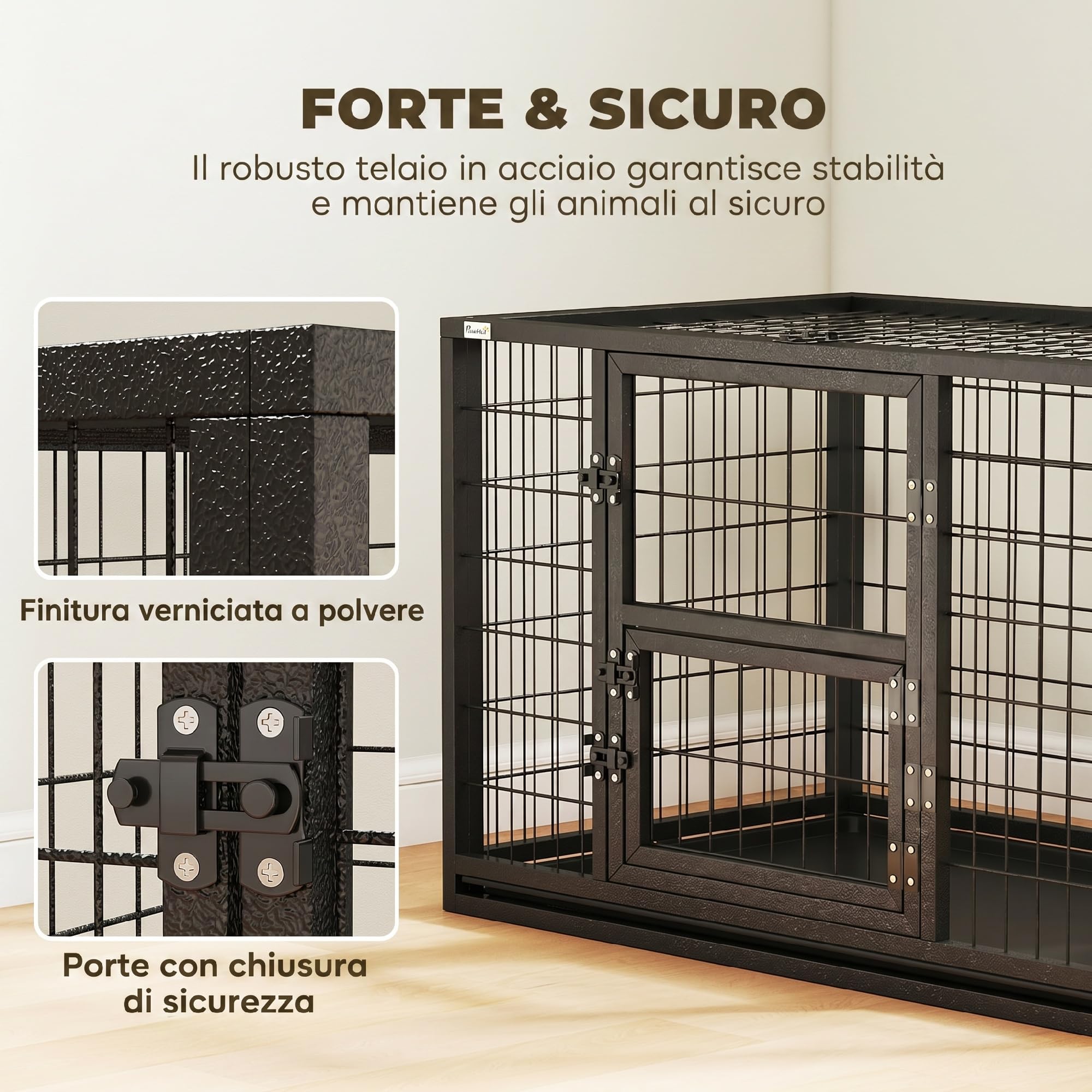 PawHut Kennel Gabbia Robusta per Cani da Esterno Grande 94x60x64 cm Nero | Gabbia Box per Cani Taglia Medio e Piccola, Robusta, Vassoio Rimovibile, Chiusura Sicura, Interno ed Esterno