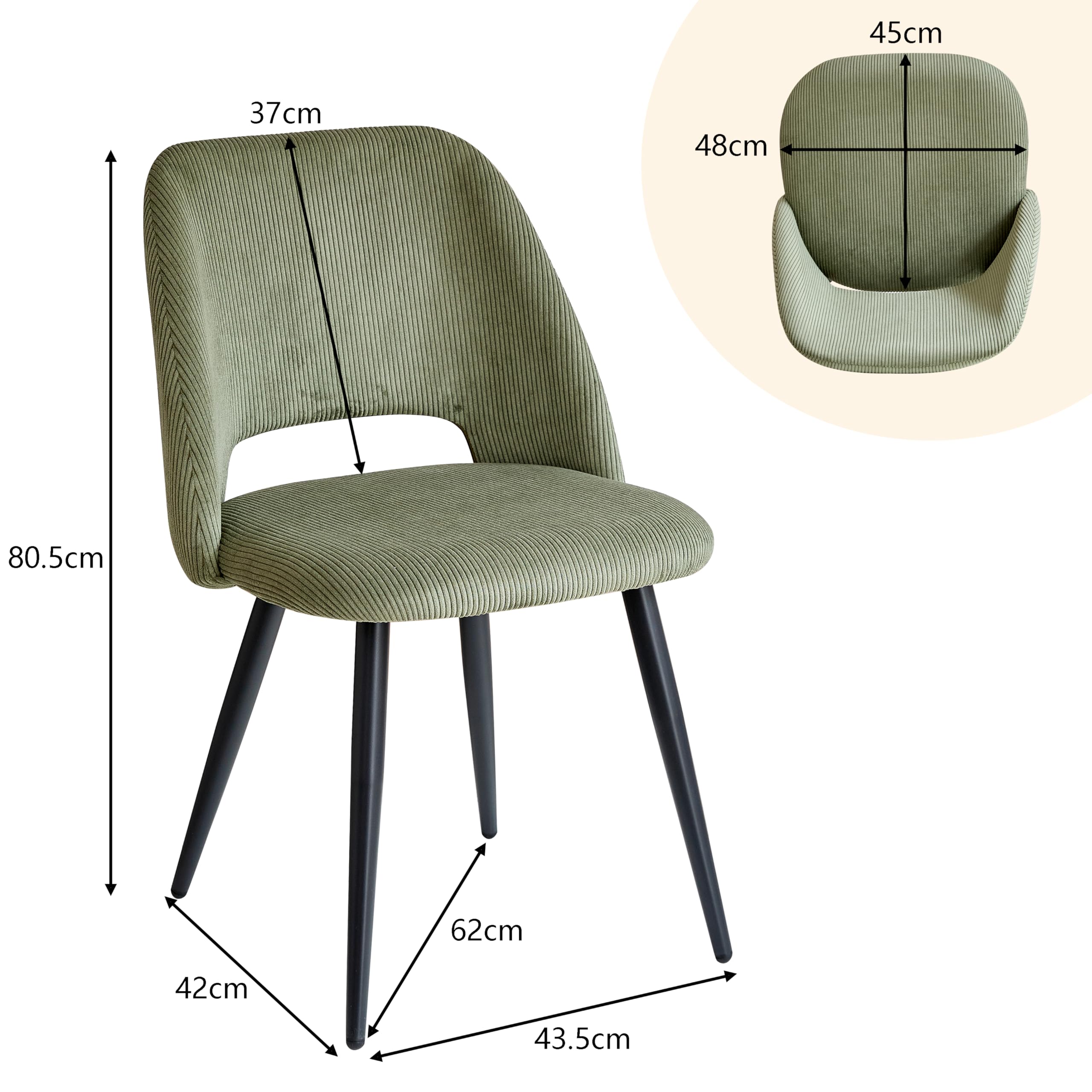 GrandCA HOME Lot de 4 Chaises de Salle à Manger Modernes, Dossier Creux en Velours Côtelé, Rembourrées, pour Salle à Manger, Cuisine, Salon et Chambre (Vert)