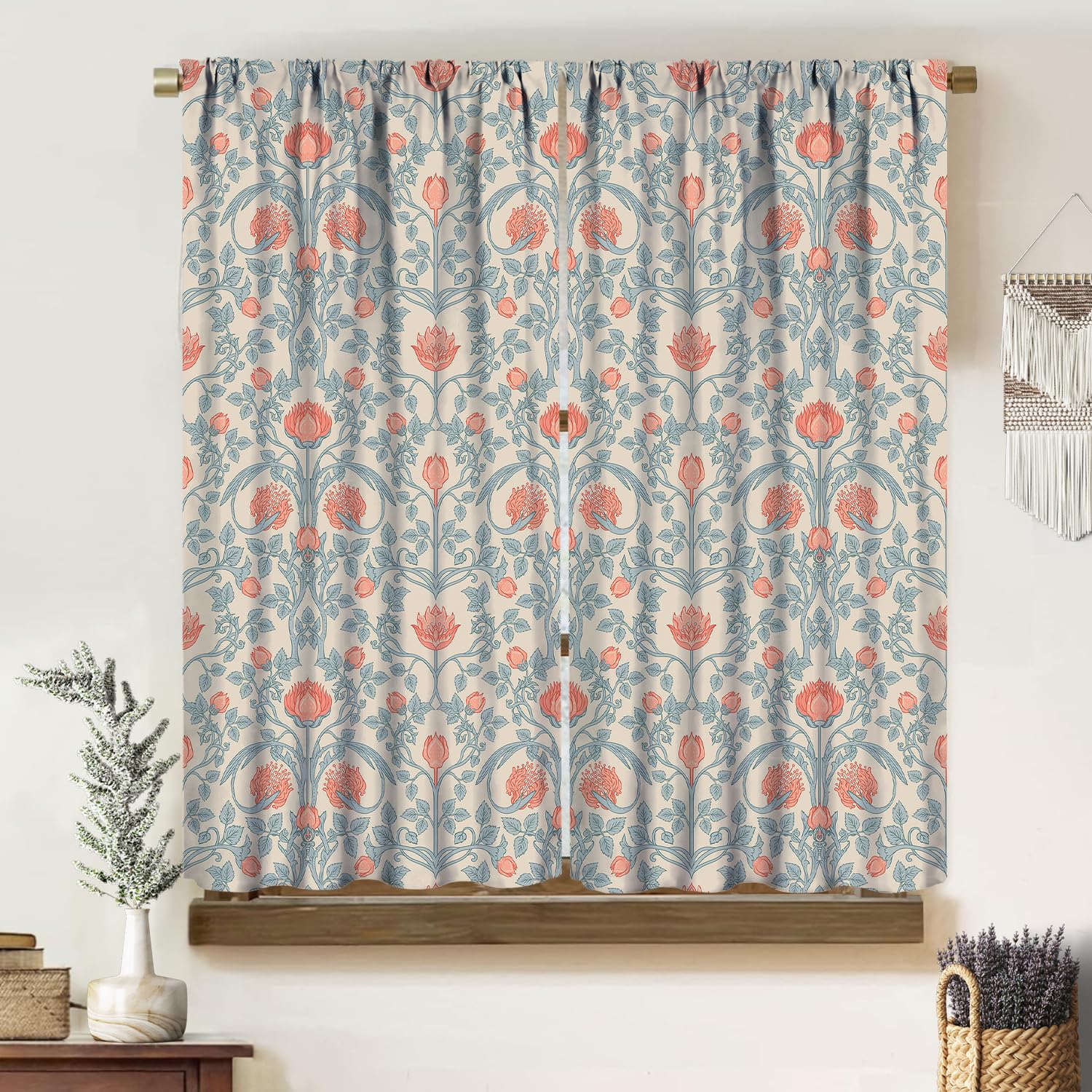 Vintage Floral Artwork Curtains, Mid Century Blue Pink William Morris Style Seamless Pattern, Blackout Rod Pocket Window Treatments for Living Room Bedroom Kitchen (21x45in) x2 Panels