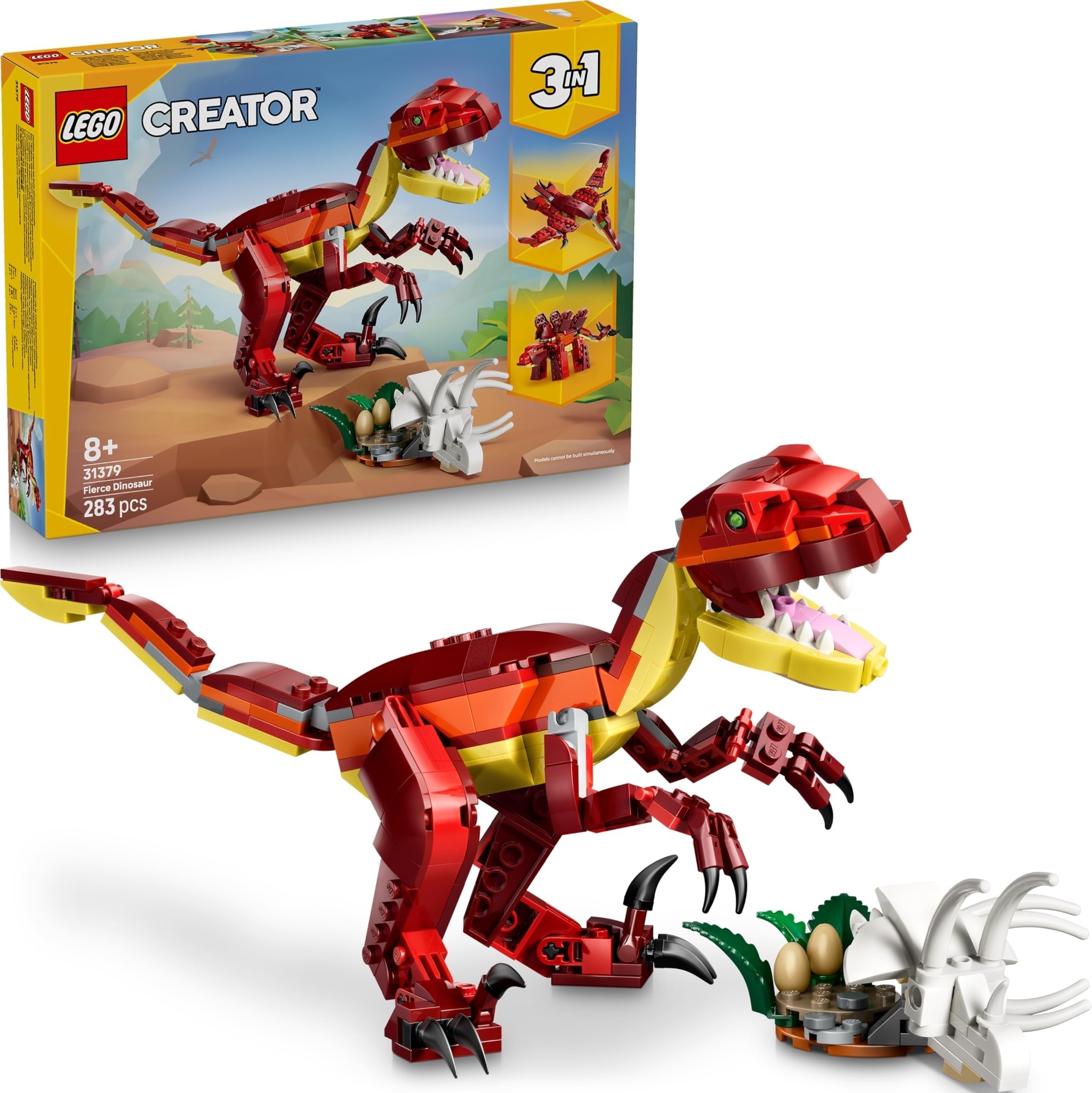 LEGO Creator 3in1 Fierce Dinosaur Toy - Build Velociraptor, Stegosaurus or Pterosaur Dino Figures w/Skeleton & Sharp Teeth Elements - Cool Birthday Gift Idea for 8+ Year Old Boys & Girls - 31379