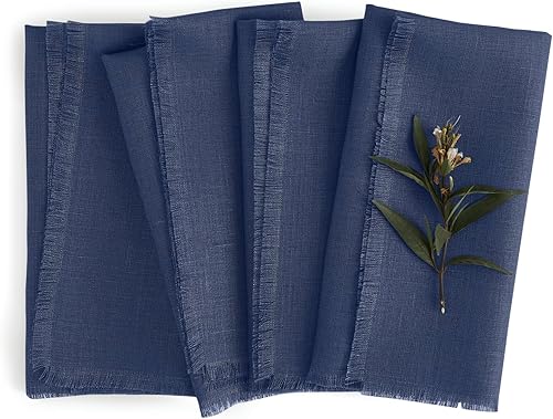 Solino Home Servilletas de tela de lino con flecos, juego de 4 servilletas de cena de 20 x 20 pulgadas, 100% lino puro, servilletas de tela vintage