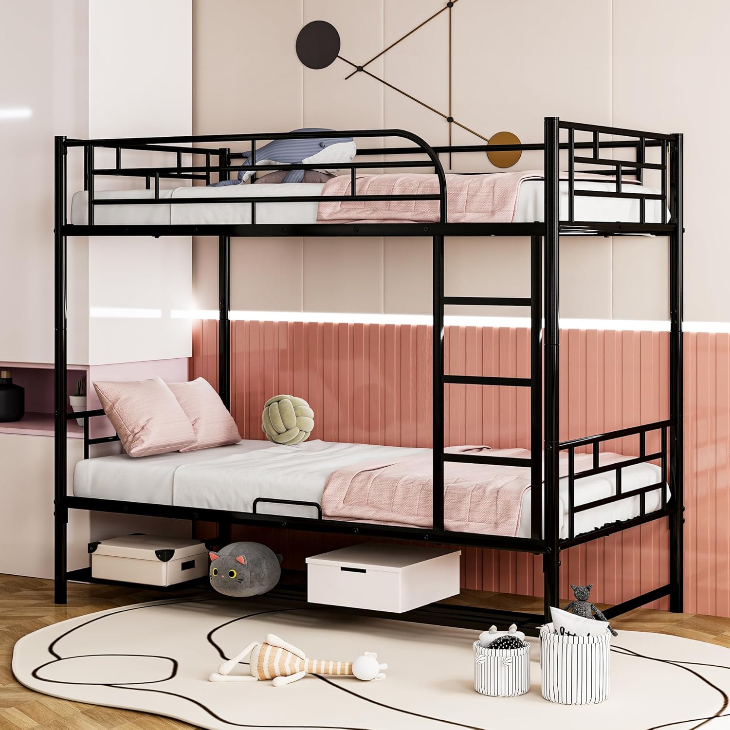 DNYN Twin Over Twin Bunk Bed with UnderShelf & Ladder for