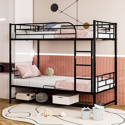 Convertible Bunk Bed Twin Over Twin with Ladder and Storage Shelf, Metal Bunk Beds for Kids/Boys/Girls/Adults/high Guardrail, Space-Saving, No Box Spring Needed, Easy Assembly, Black