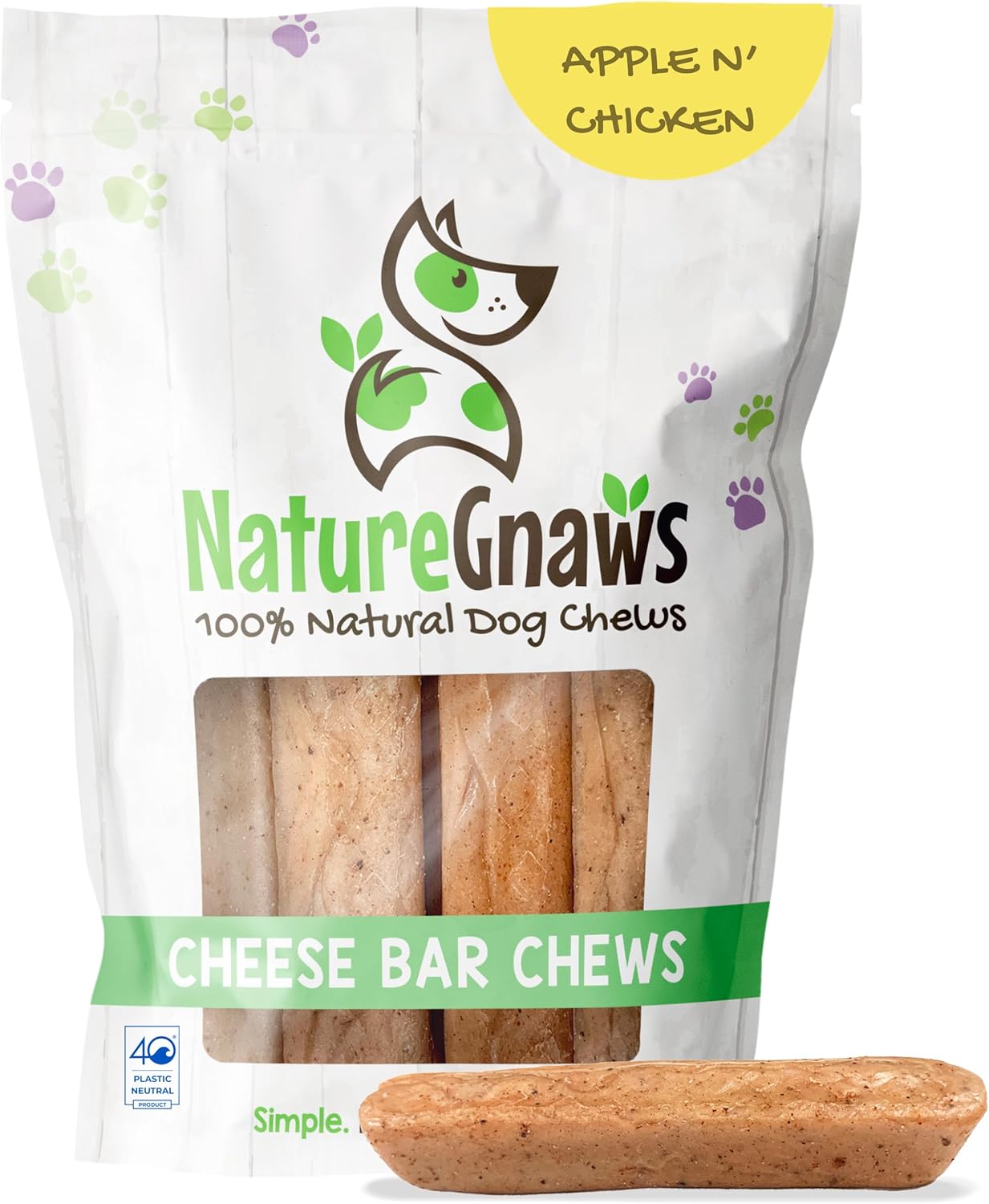 Nature Gnaws Cheese Bar Chews for Dogs – Natural Lasting Hard Chew Treats - Rawhide Free Dog Bones - Yak Alternative 4 Count Chicken & Apple