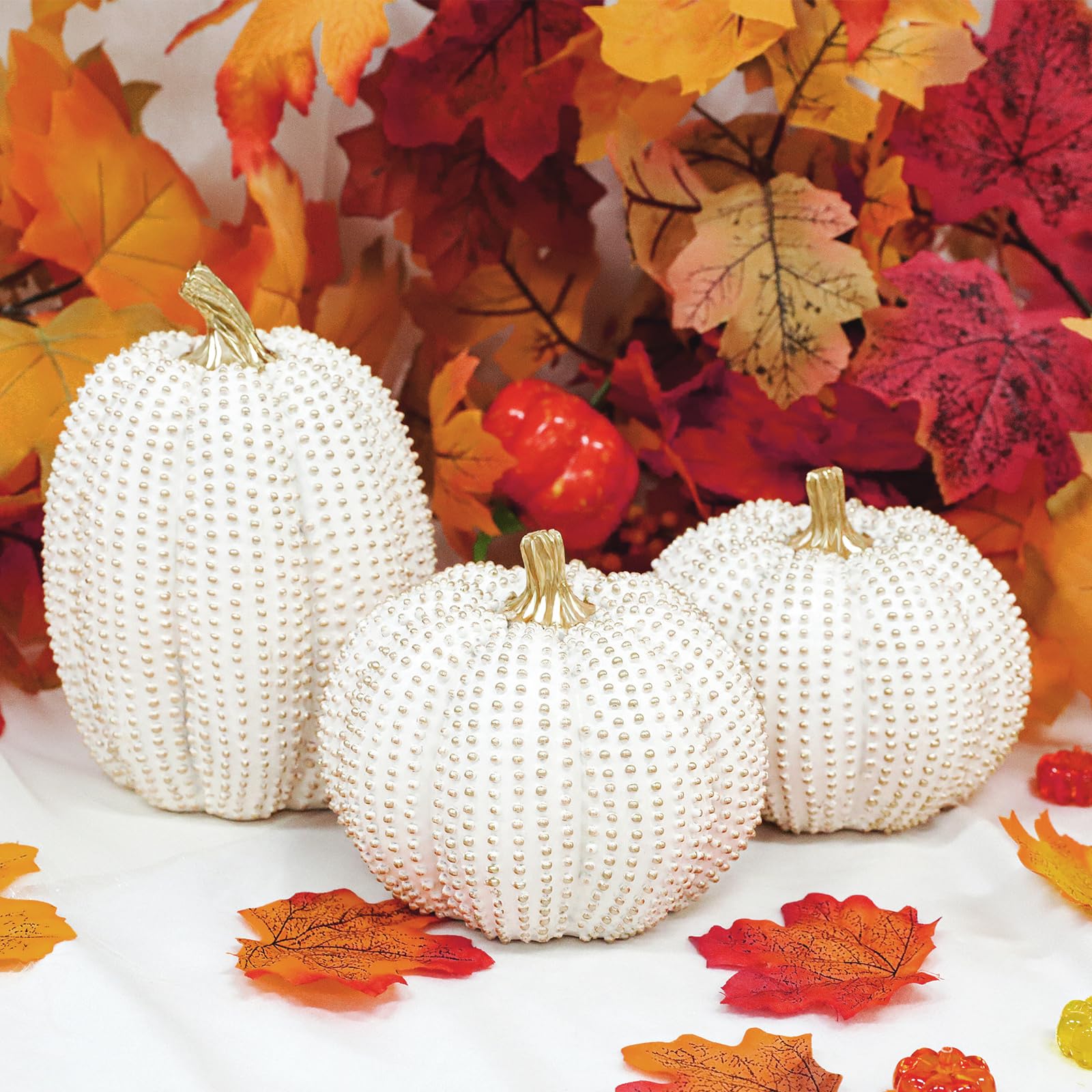 Fangoo 3 Pezzi Resina Zucche Decorazioni Glitterate Bianche e Dorate Centrotavola per Fattoria Autunno Regalo Cucina Decor per Ringraziamento e Raccolto, Centrotavola, Camino, Casa, Ufficio o Fest