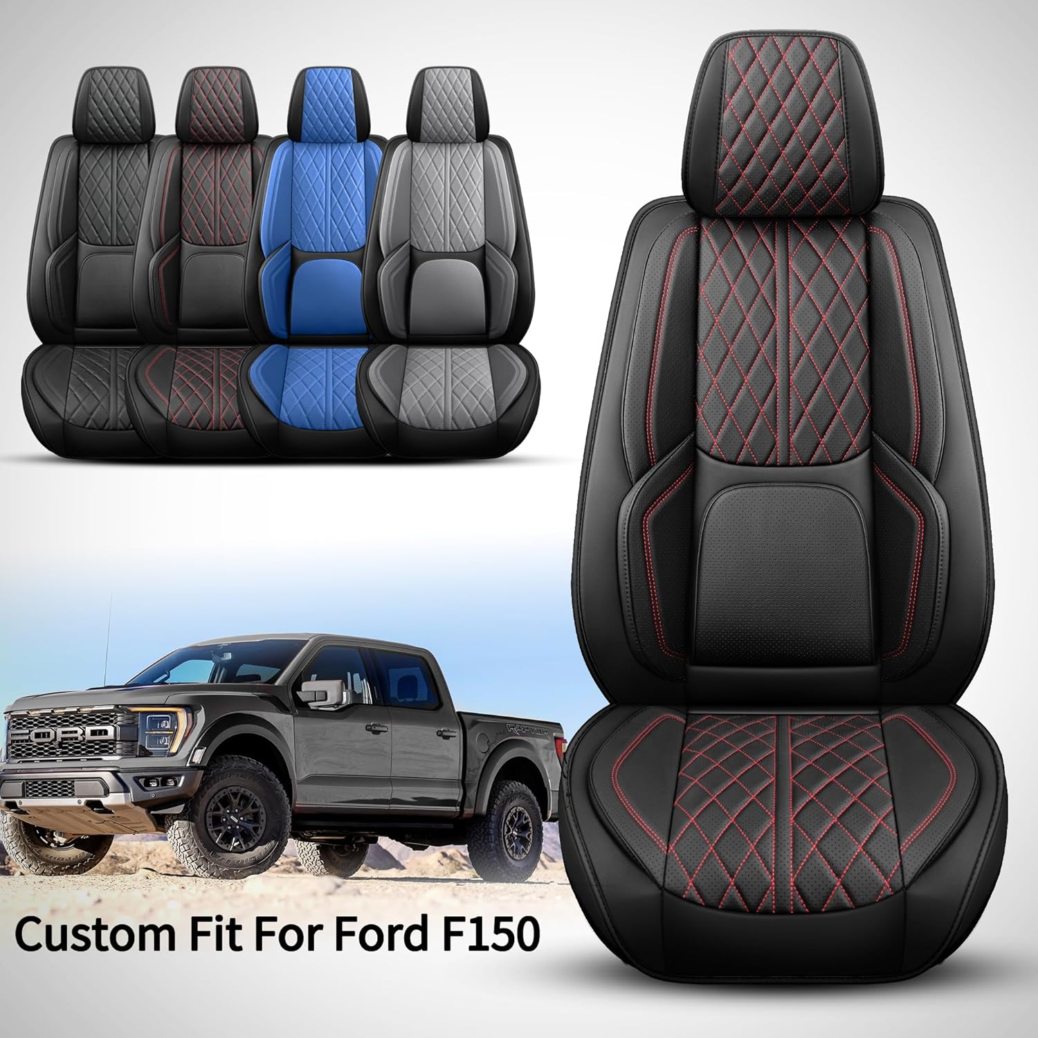Car Seat Cover Custom Fit for Ford F150 2009-2025 Faux Leather Seat Cover Set Compatible with Crew Quad Regular Cab Pickup Truck Cushions (Black Redline, Full Set)