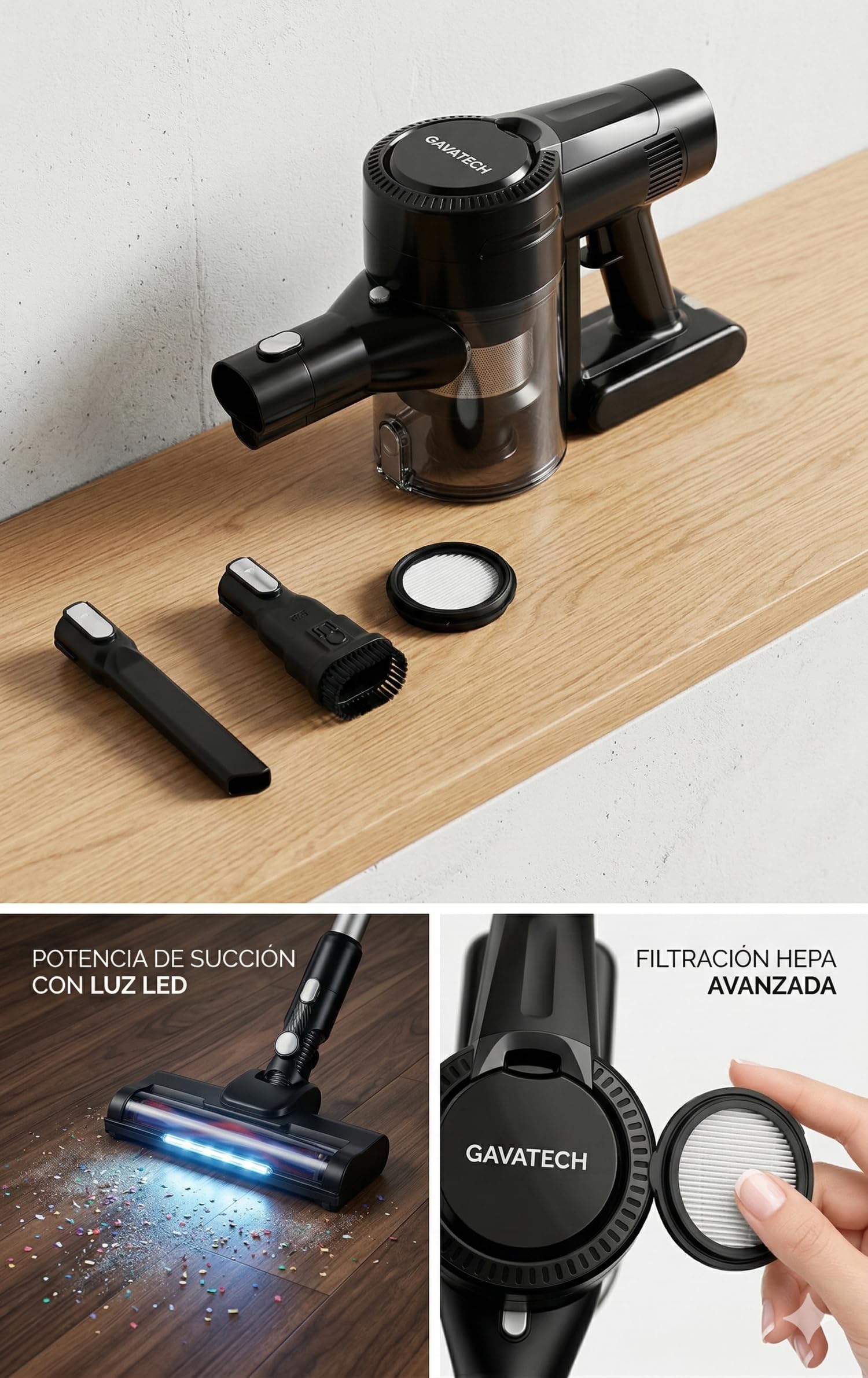 VC6 – Aspiradora de Mano Inalámbrica 250W, Cepillo Eléctrico con Iluminación LED, Motor de Alta Succión, Diseño Ergonómico y Ligero para Hogar y Coche.