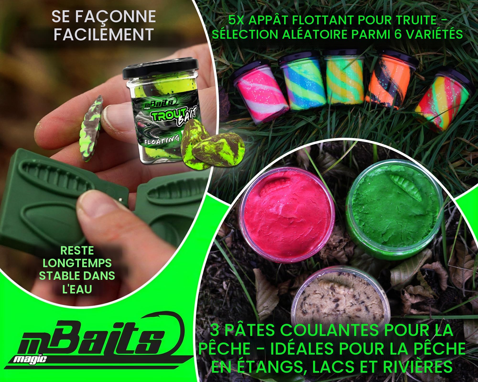 Magic Baits Pack de leurres pour truites Tout en un Set économique Pack économique de leurres pour truites Pâte à truite Appât pour pêche flottant enfonçant