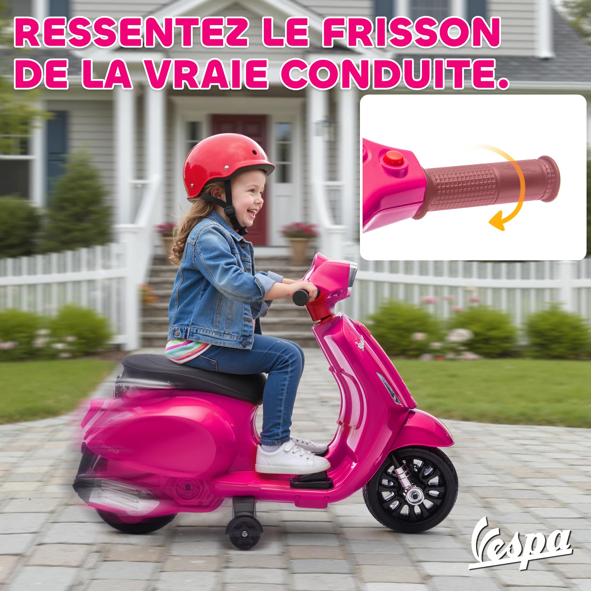 AIYAPLAY Moto Électrique Enfants 6 V, Voiture Électrique avec Roues d'apprentissage de 17,5 cm, Vitesse 2,5 km/h, Phare et Klaxon, pour 2-4 Ans, Rose - 4