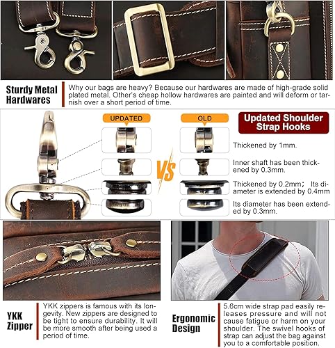 Vista 24 de Masa Kawa Maletín de cuero para hombres 15.6" - 17" maletín para computadora portátil de negocios viaje trabajo mensajero cruzado bolsa de hombro