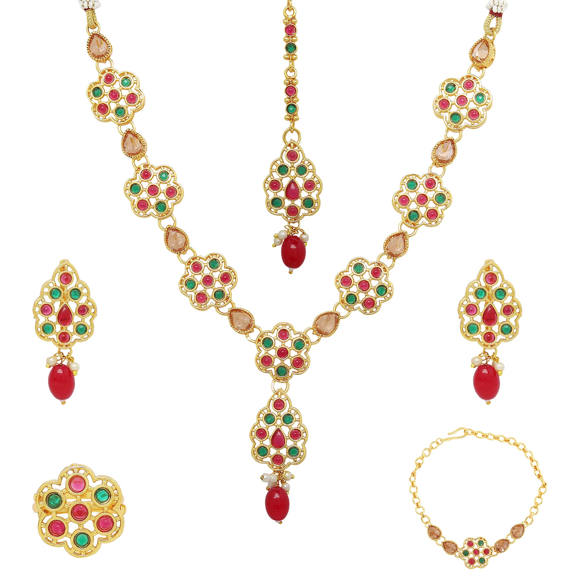 KENNICE Gold-Plated Red-Green Bridal Necklace With Earrings and MaangTikka, Ring, Bracelet Wedding Jewellery Set For Women & Girls (B09CV4RN2S) Amazon Price History, Amazon Price Tracker