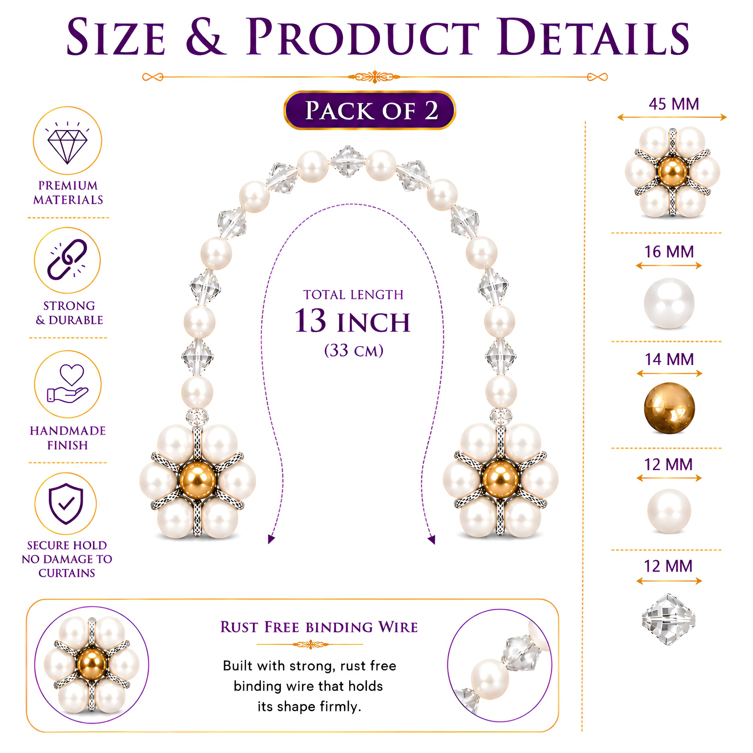MERAV Handmade Curtain Tiebacks | Drape Floral Holdback Clip | Pearl Decorative Holder Tie for Window | Crystal White (1 Pair - 2 Pcs) 1