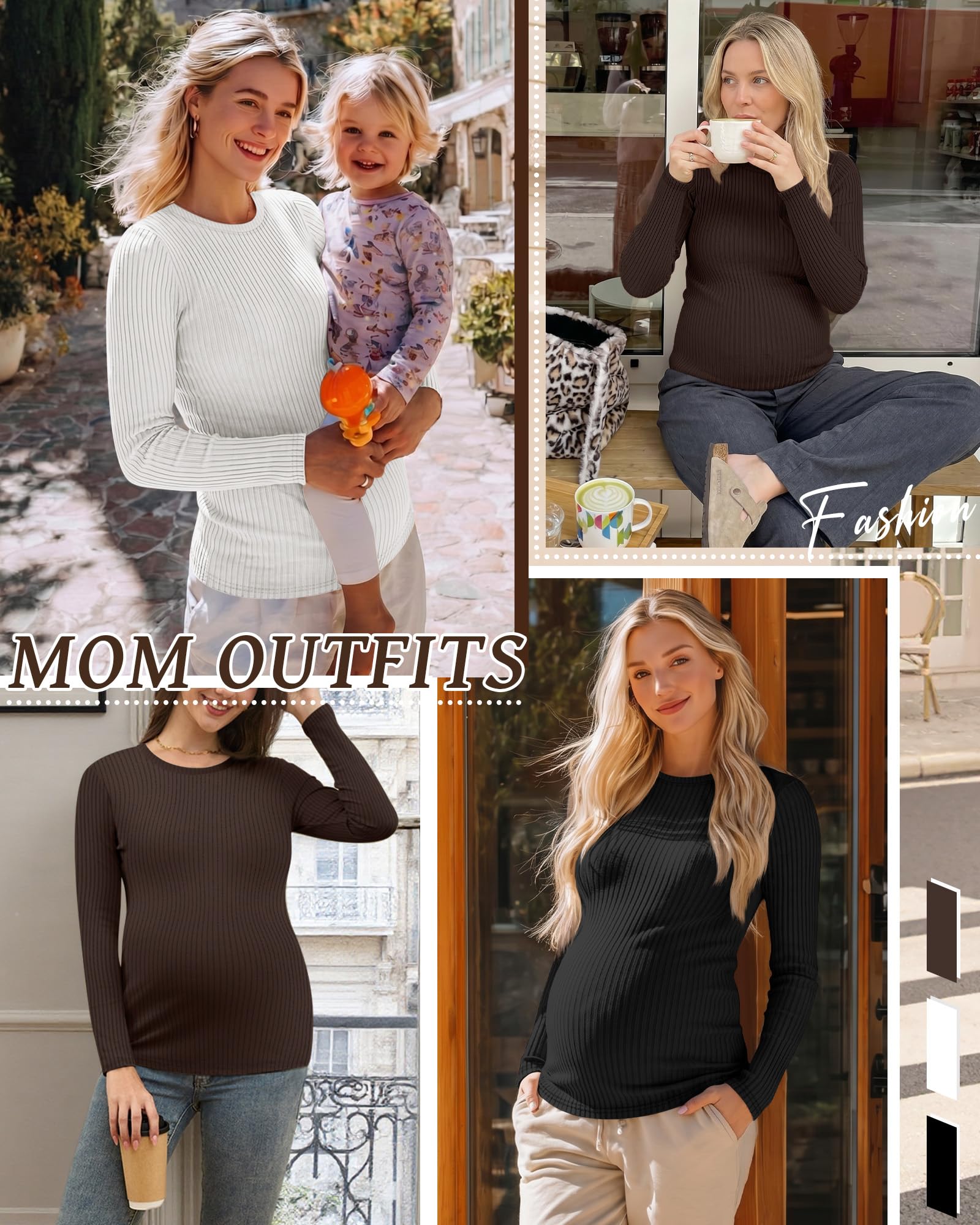 Riyiper Confezione da 3 Magliette Premaman da Donna, Maniche Lunghe, in Maglia a Coste, Tuniche in Cotone, Top Autunnali