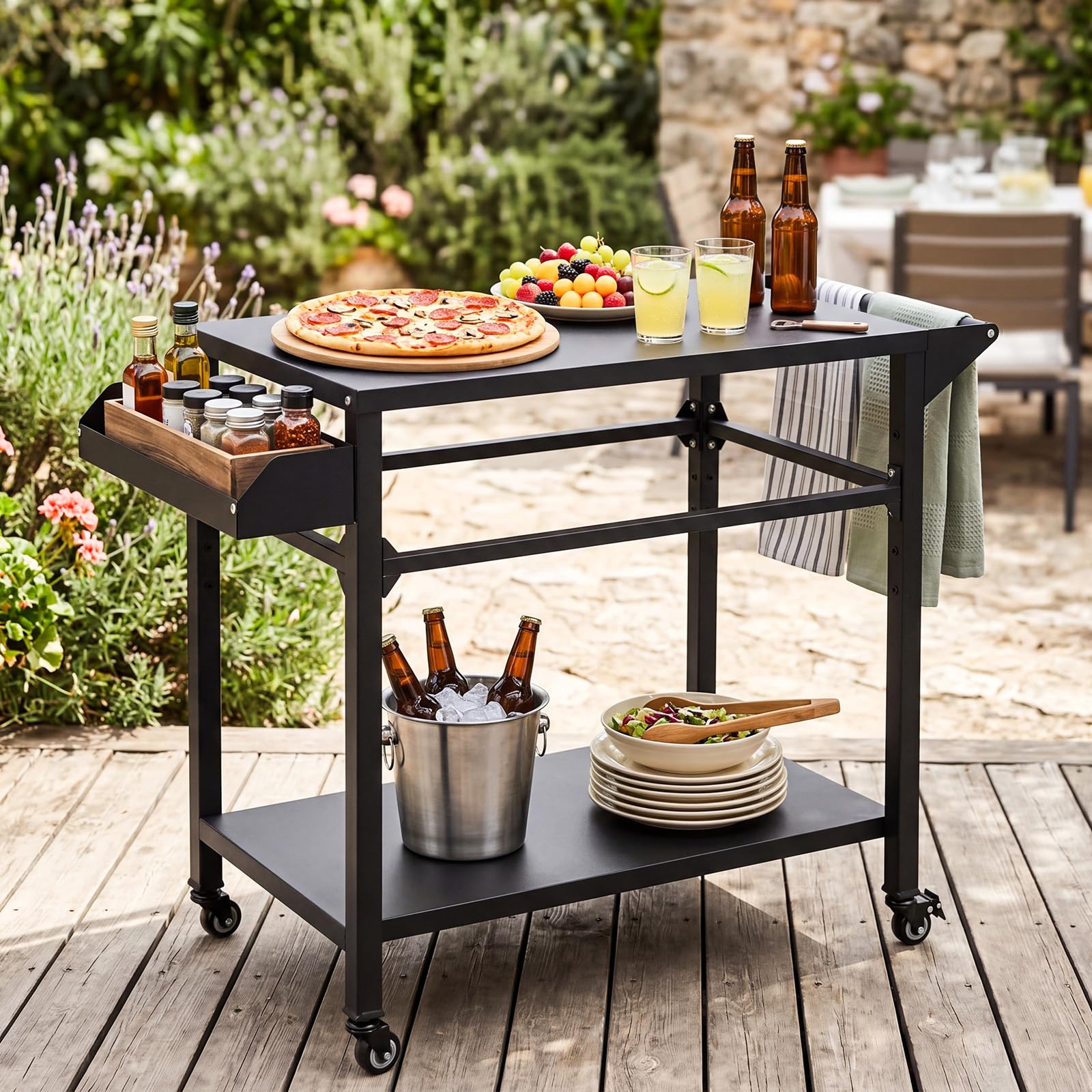 COSTWAY Grillwagen Outdoor, Grilltisch auf Rollen, Pizzatisch mit 2 Ablagen, Griff & Gewürzregal, Servierwagen Metall, Grill Beistelltisch wetterfest, für BBQ Partys, 100 x 45 x 80 cm, Schwarz