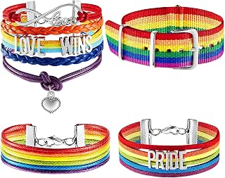 4 Pieces Gay Pride Bracelet LGBT Rainbow Bracelets Handmade Love Wins Braided Charm Wristband for Men Women, Adjustable Size