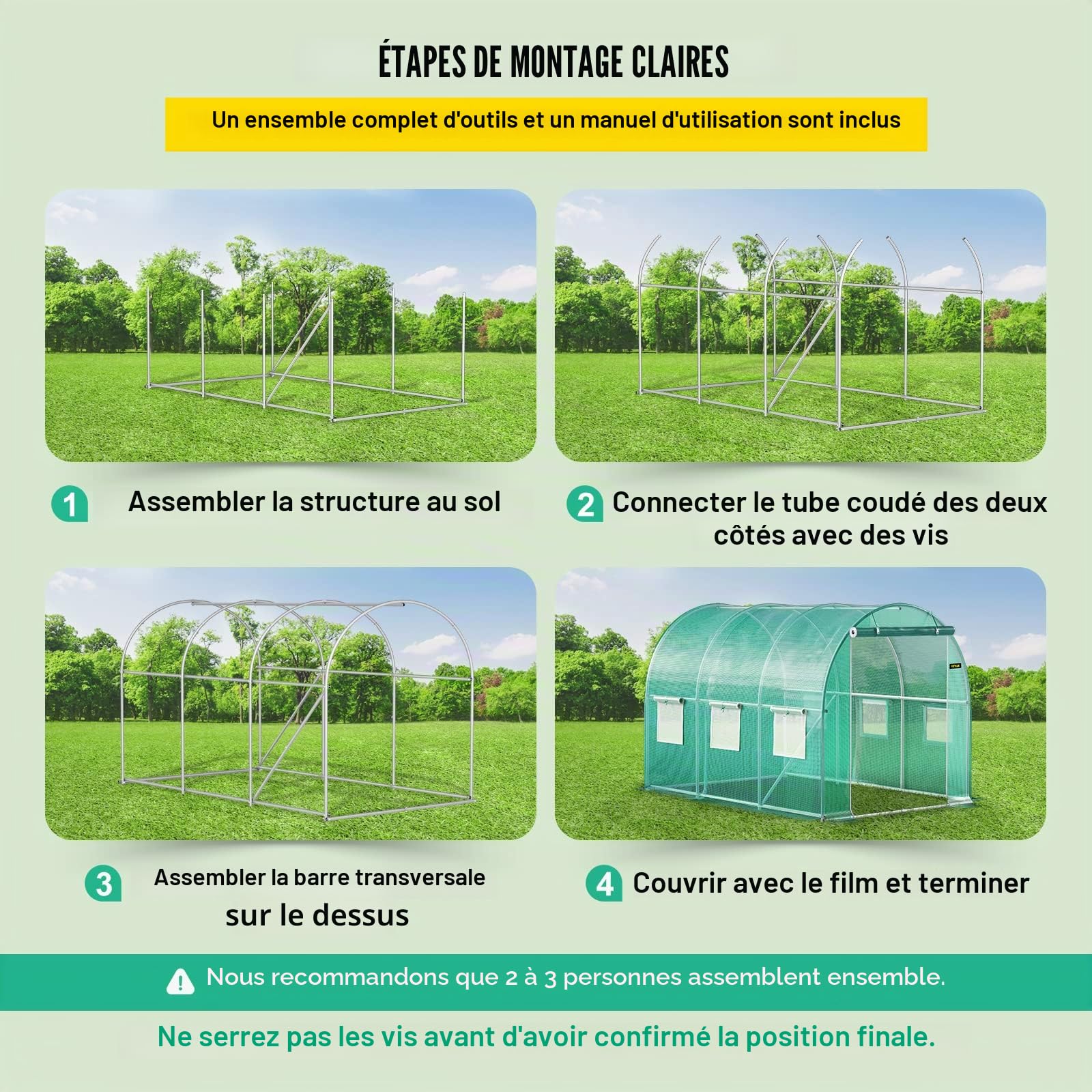 VEVOR Serre Tunnel Jardin 3x2,1x2,1 m Tente Abri Plantes Cadre en Acier Galvanisé Couverture Étanche en PE 1 Poutre Supérieure 2 Poteaux Diagonaux 1 Porte 6 Fenêtres pour Cultiver Légumes Fleurs Vert