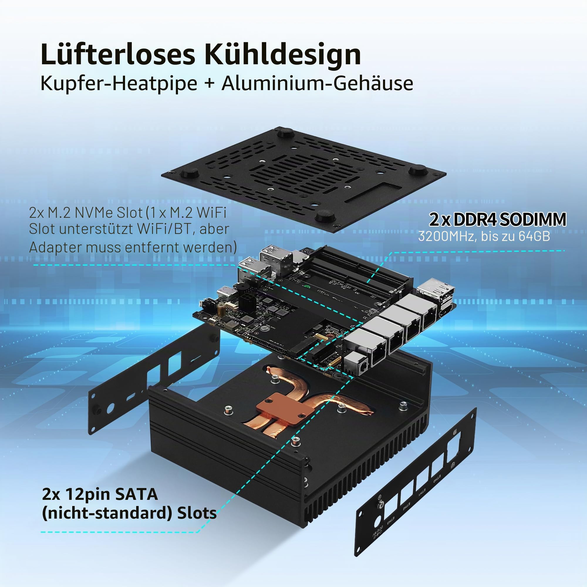 Mini PC AMD Ryzen 5 5500U Firewall Appliance, Fanless Mini Computer 4 Port 2.5GbE i226-V LAN, OPNsense Micro PC Barebone NO RAM/SSD/OS, USB-C, 3-Display, 2-NVMe, 2-SATA, TF