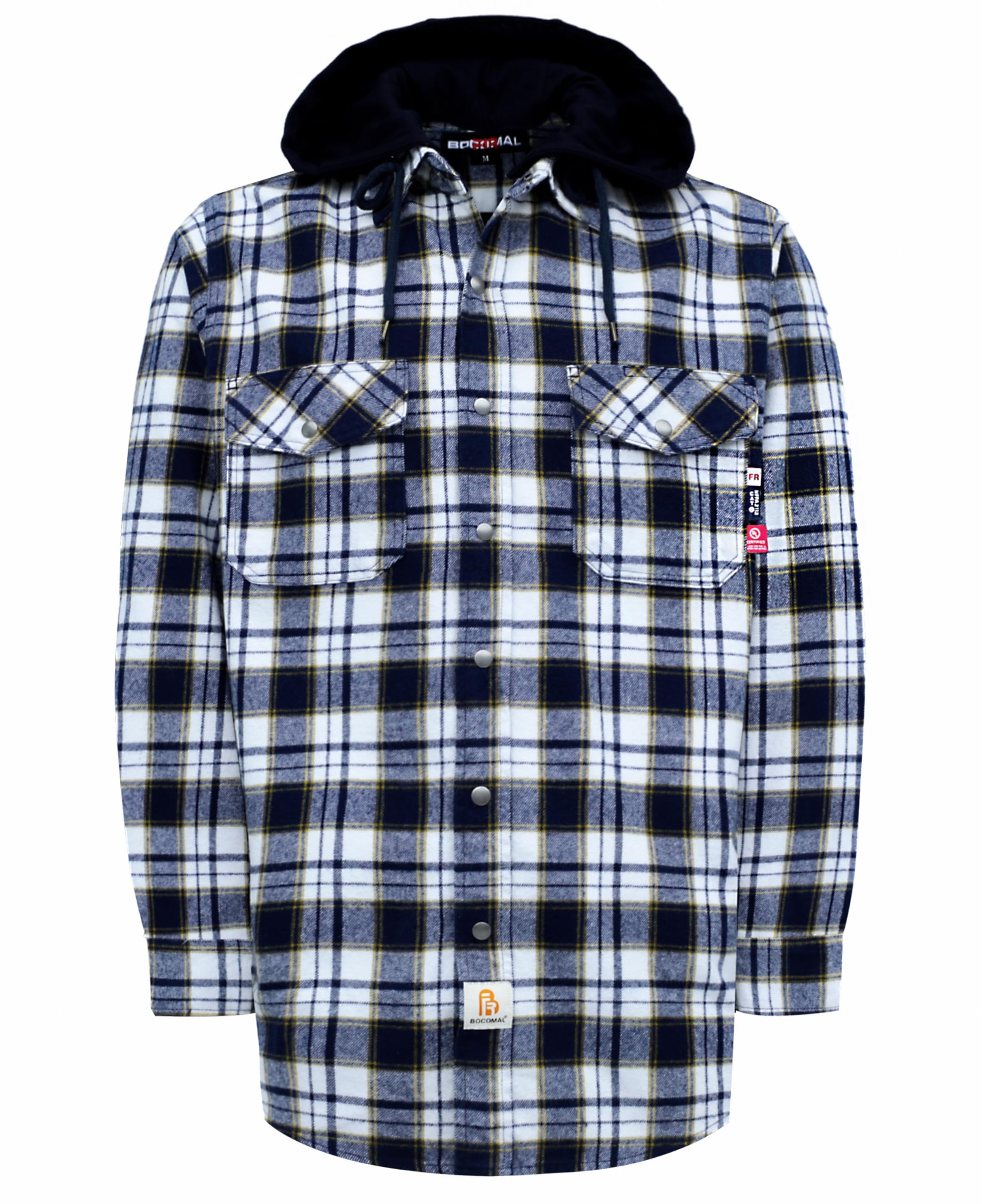 BOCOMAL FR Hooded Shirts Button Down Heavyweight Flannel Plaid Hoodies Fire Retardant Flame Resistant Welding Jacket