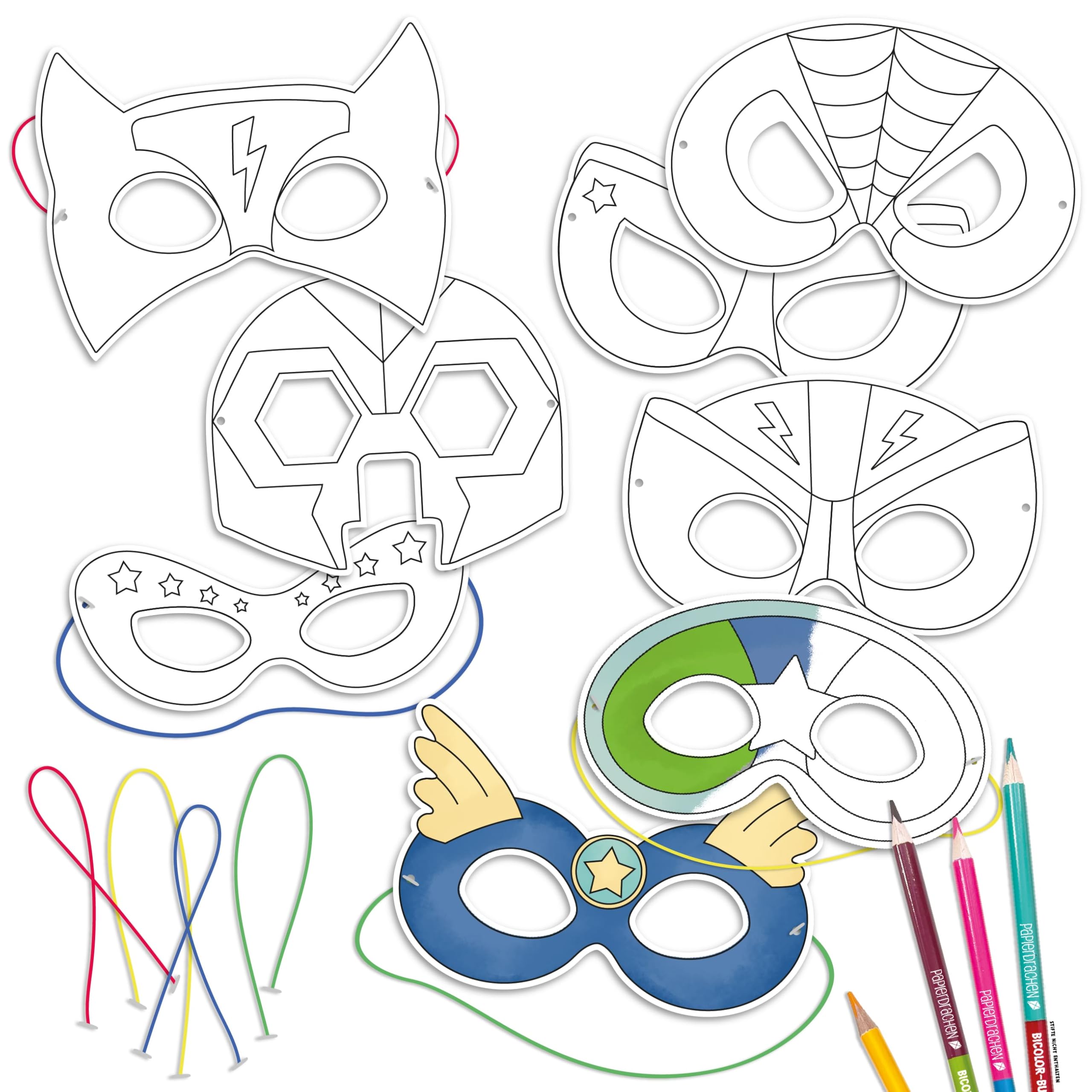 Papierdrachen Bastelset für Kinder - 8 Papiermasken zum Ausmalen & Basteln - Kreativ-Set inkl. Gummizug - verschiedene Motive - ideal für Kindergeburtstag & Fasching - ab 3 Jahren