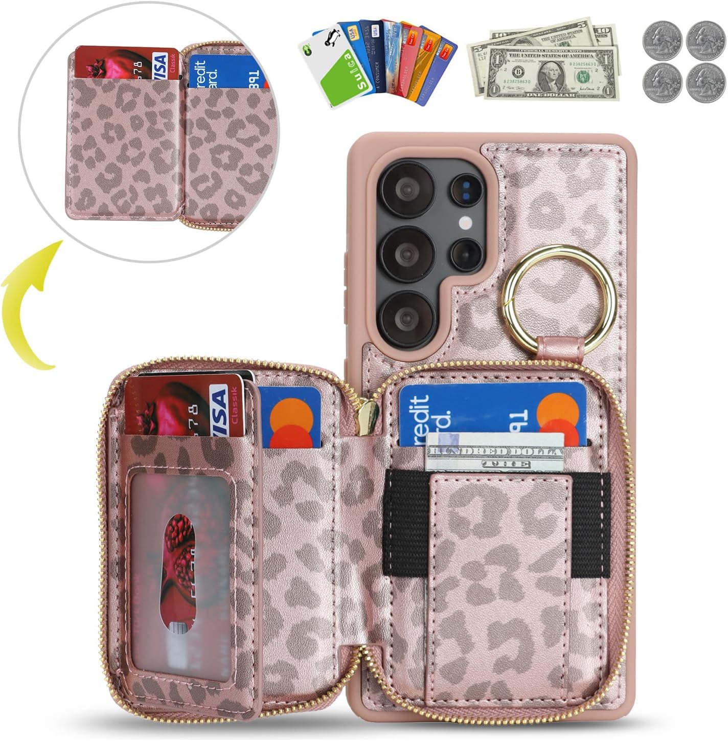 for Galaxy S25 Ultra Case Wallet with Card Holder,for Galaxy S25 Ultra Phone case Wallet with Zipper with Slot Kickstand Stand Case for Women and Man 6.9 inch-Rose Gold Leopard