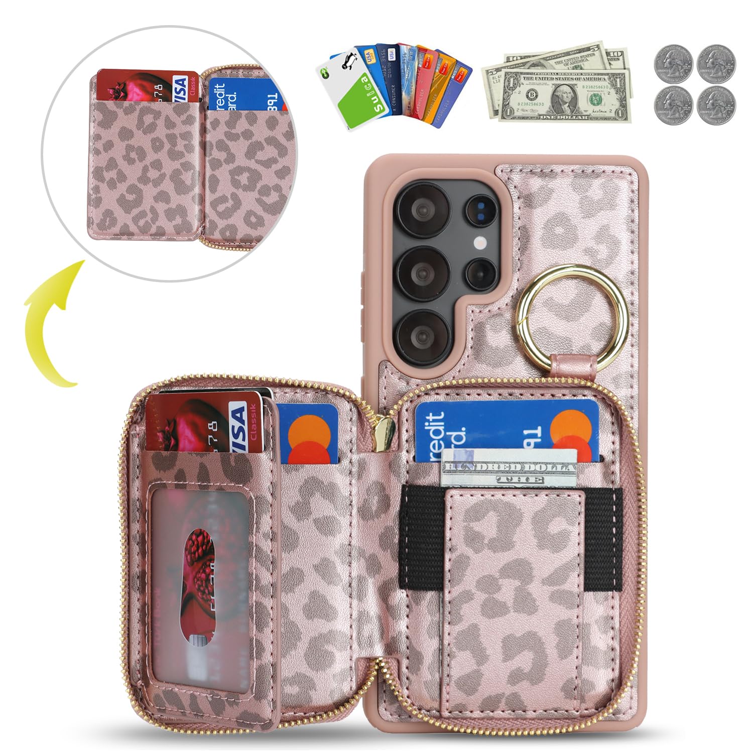 Etui do Galaxy S25 Ultra z uchwytem na karty, do Galaxy S25 Ultra etui na telefon portfel z zamkiem błyskawicznym z przegródką na podpórkę etui dla kobiet i mężczyzn 17.5 cm, różowe złoto